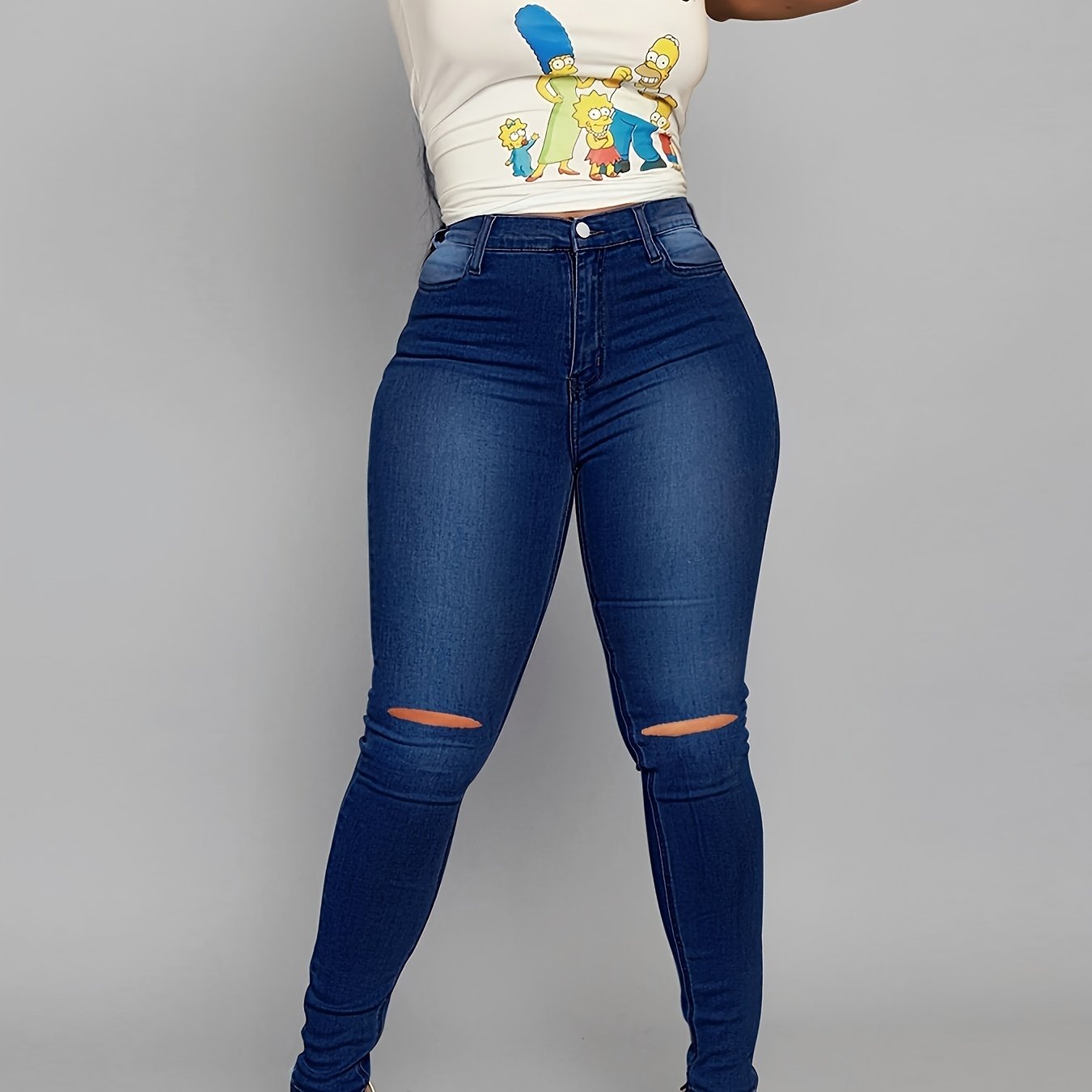 Antmvs High Rise Ripped Skinny Jeans, High Waist Curvy Distressed Long Stacked Hem Denim Pants, Women's Denim & Clothing