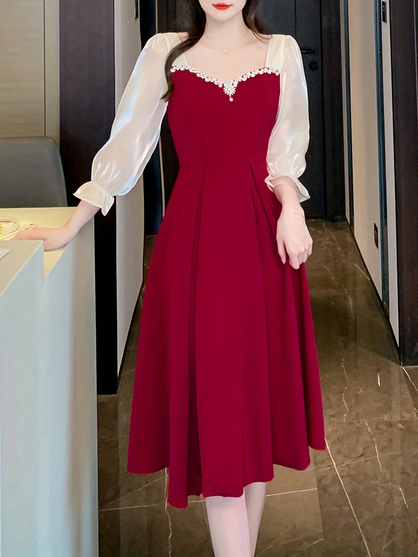 Antmvs Contrast Trim Mesh Lantern Sleeve Dress, Stylish A-line Flared Dress, Women's Clothing