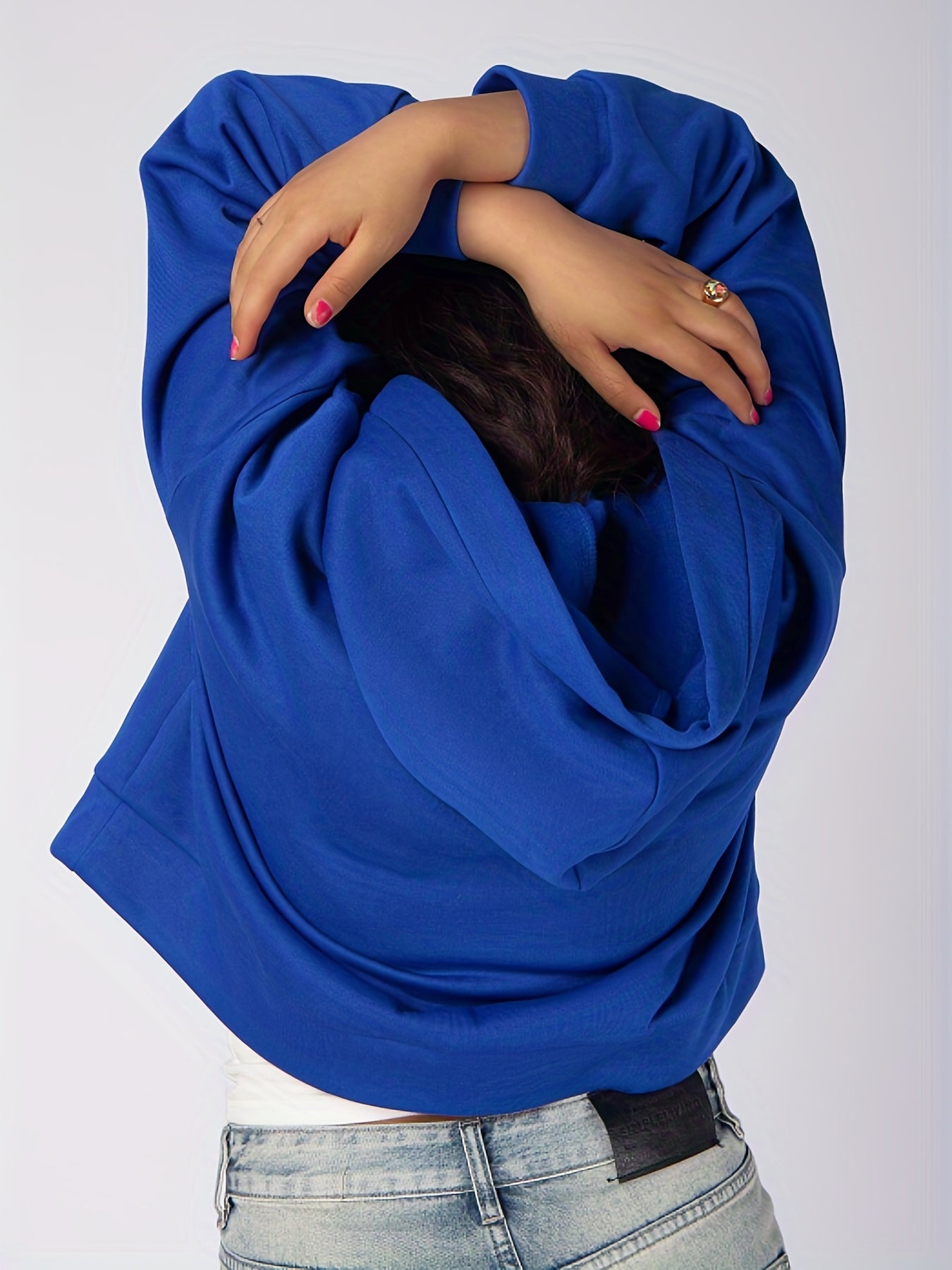 Antmvs Plus Size Casual Sweatshirt, Women's Plus Solid Long Sleeve Slight Stretch Drawstring Hoodie With Pockets
