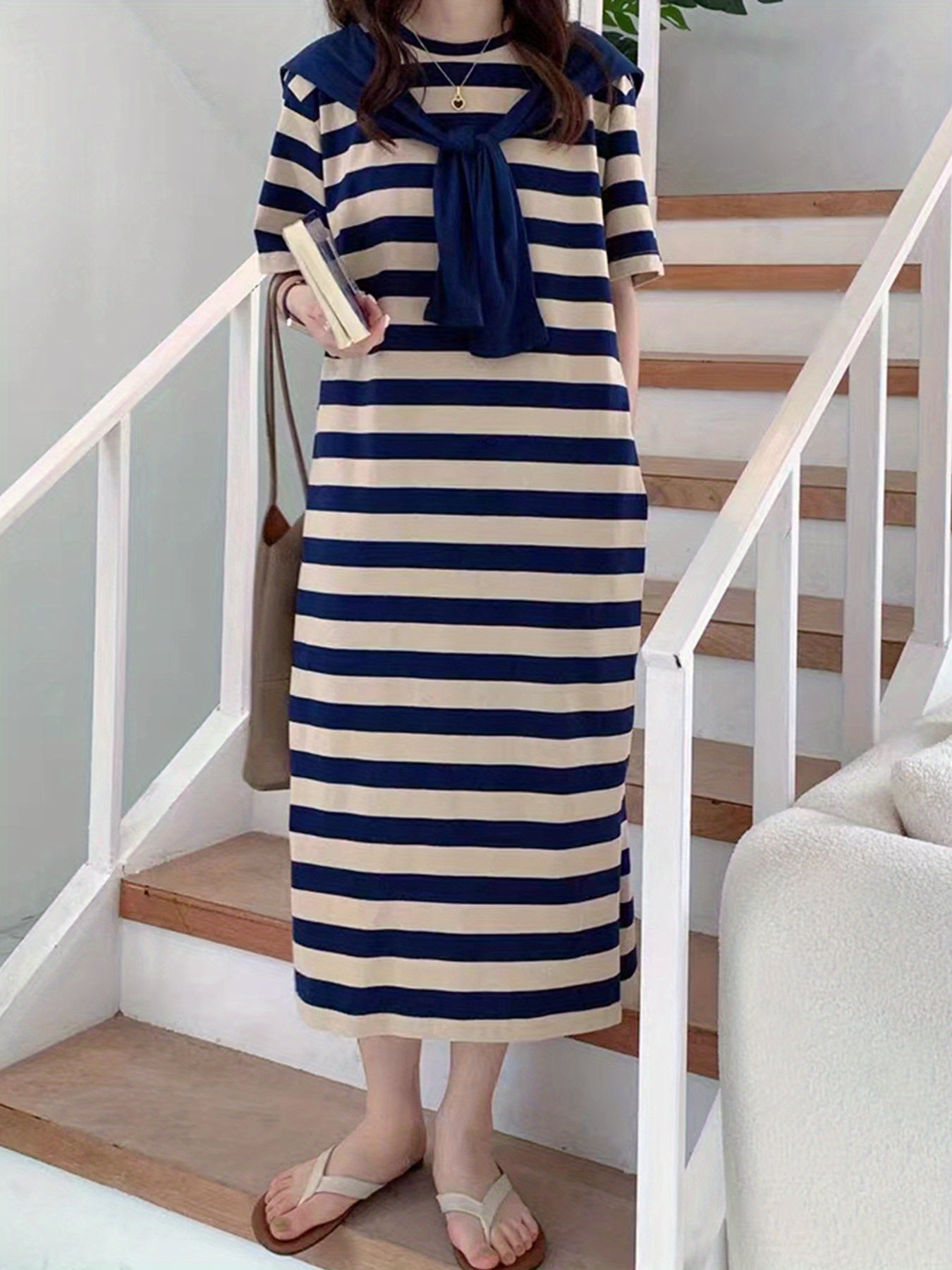 Antmvs Striped Print Crew Neck Dress, Casual Short Sleeve Summer Dress, Women's Clothing