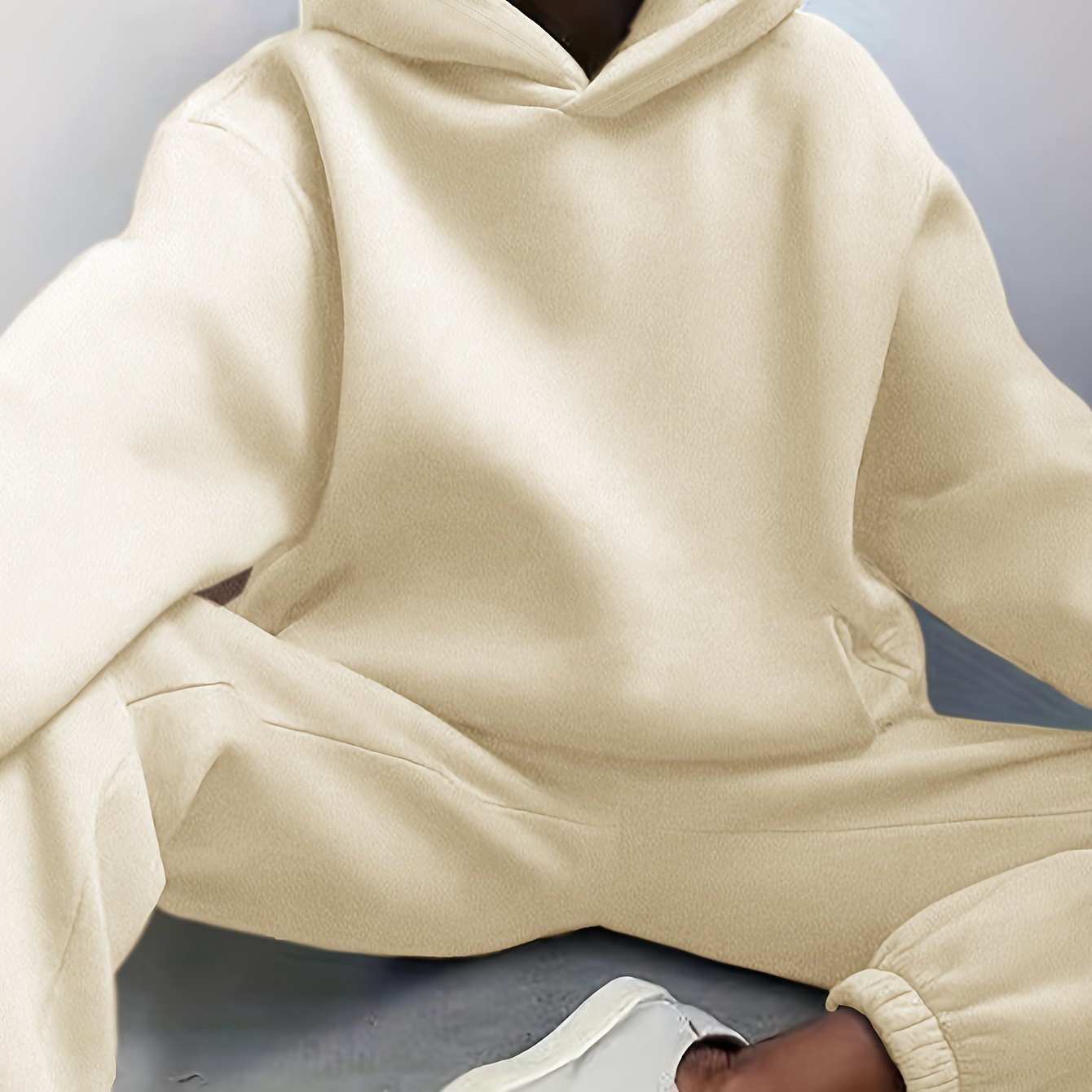 Antmvs Casual Solid Two-piece Set, Drop Shoulder Long Sleeve Hoodies & Elastic Waist Jogger Pants Outfits, Women's Clothing