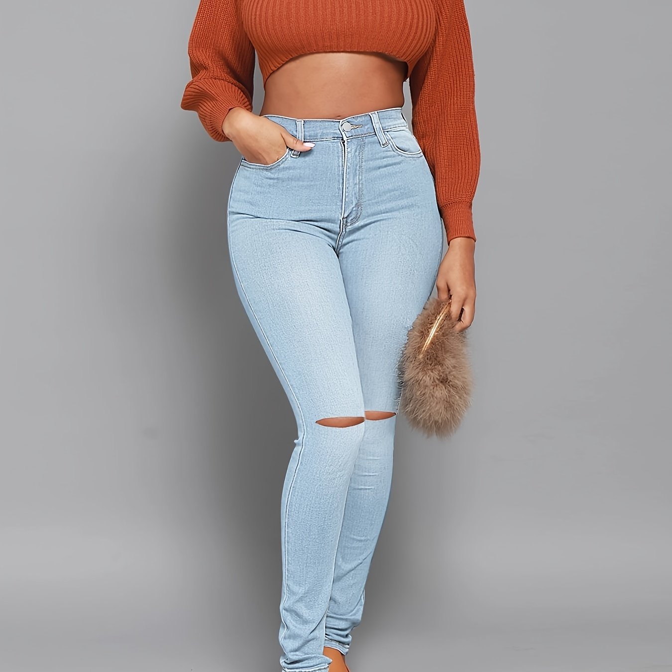 Antmvs High Rise Ripped Skinny Jeans, High Waist Curvy Distressed Long Stacked Hem Denim Pants, Women's Denim & Clothing