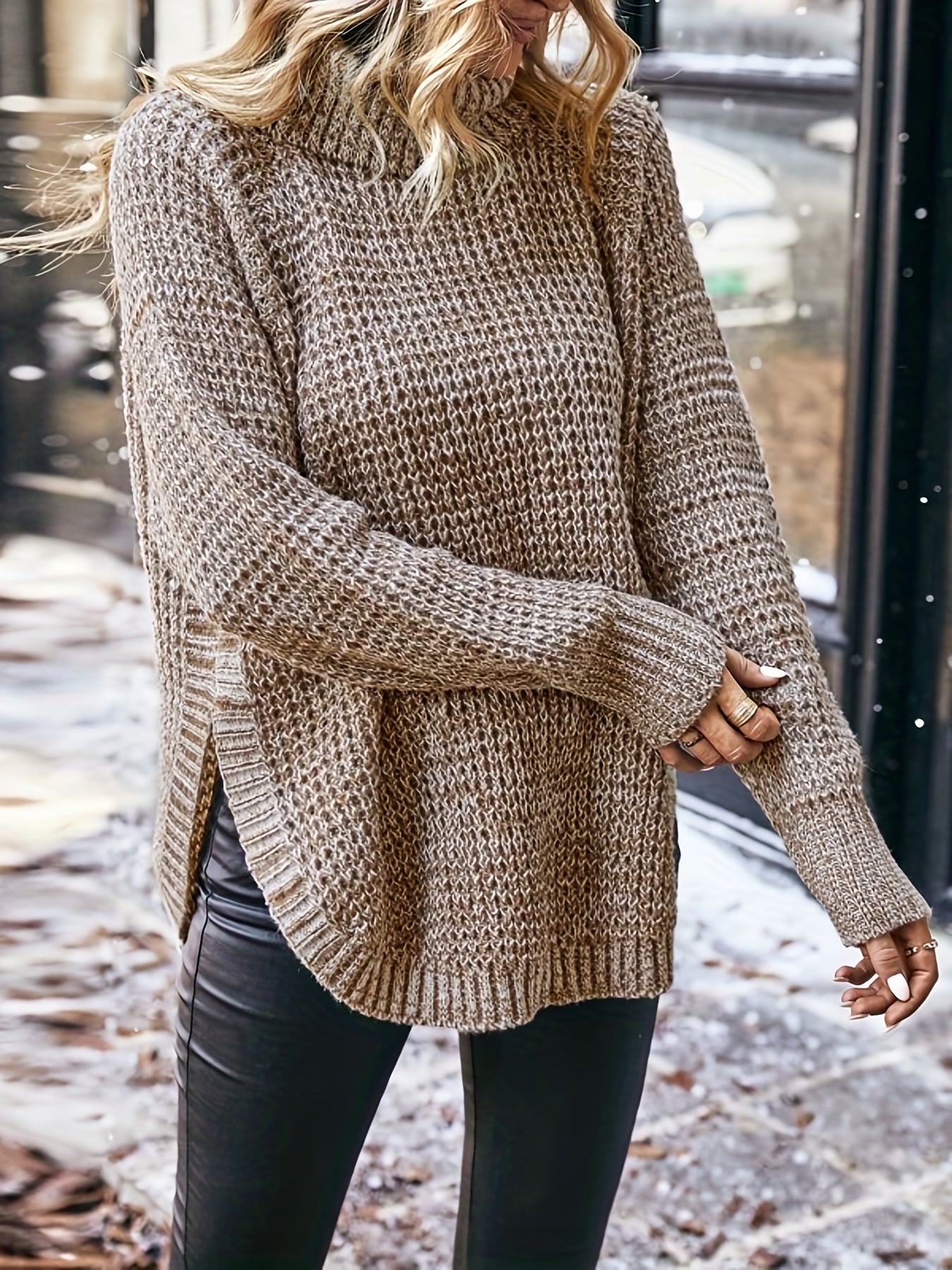 Antmvs Solid Turtle Neck Pullover Sweater, Casual Long Sleeve Raglan Shoulder Sweater For Fall & Winter, Women's Clothing