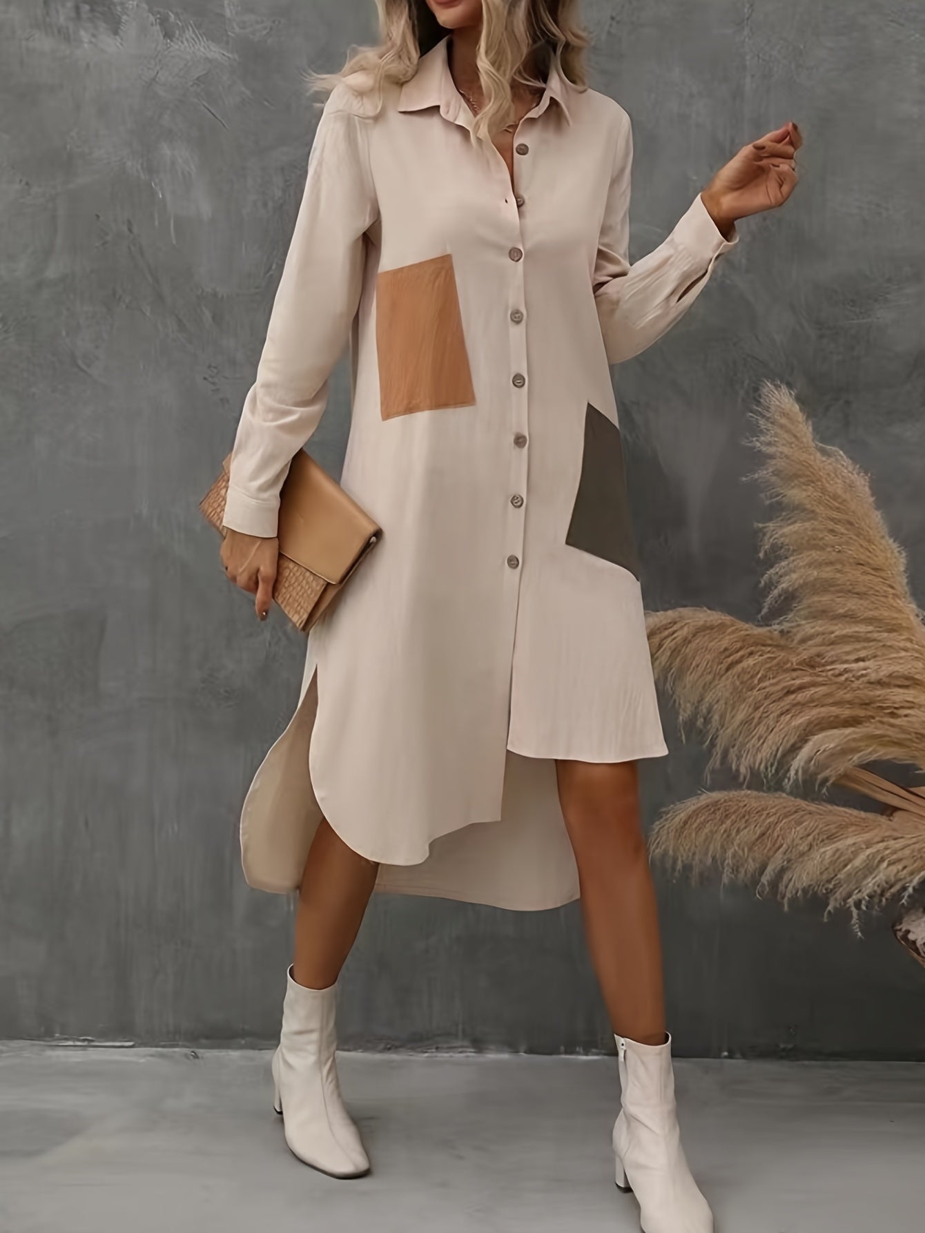 Antmvs Asymmetrical Hem Midi Dress, Casual Button Front Long Sleeve Dress With Pockets, Women's Clothing