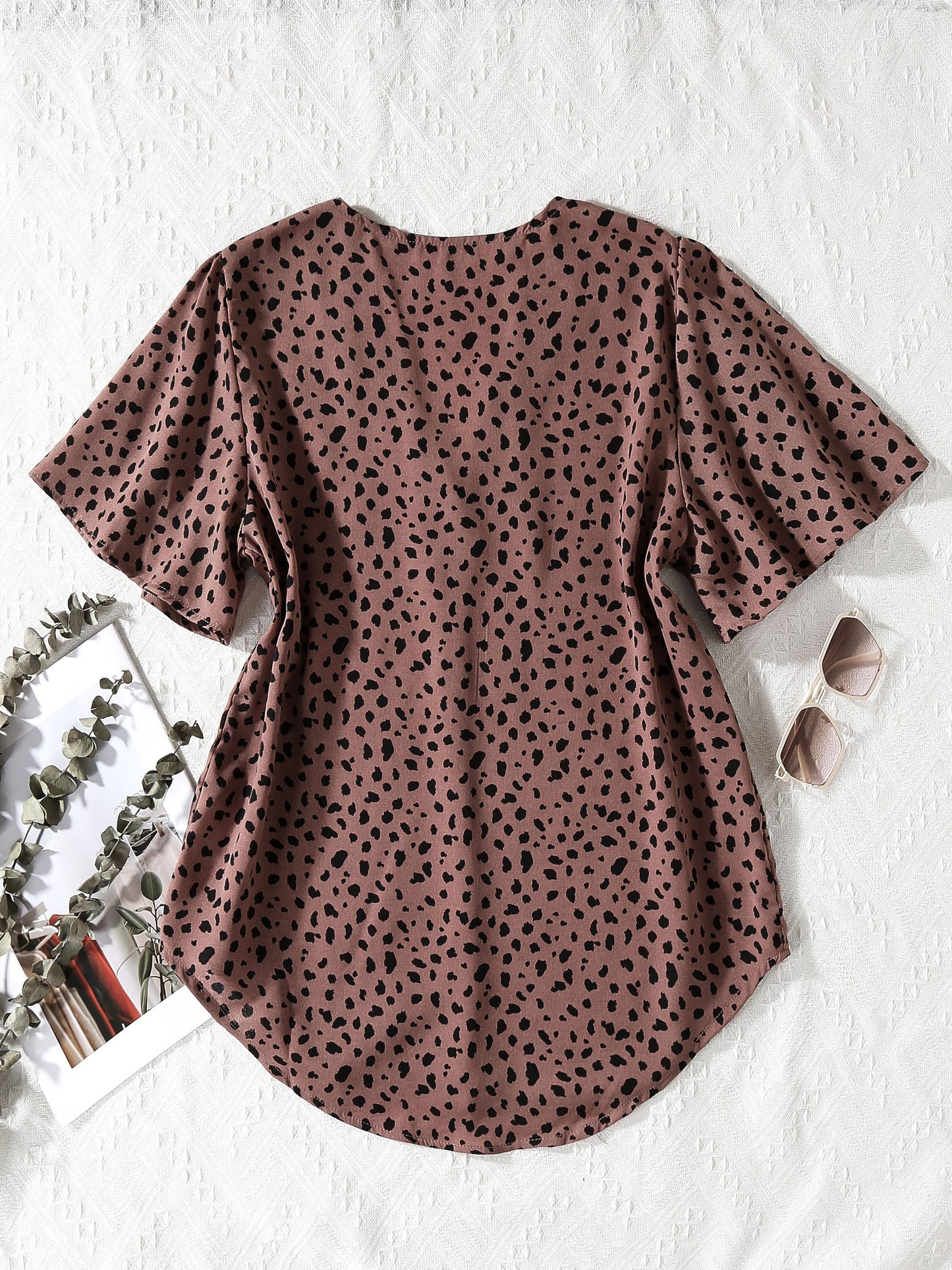 Antmvs Dalmatian Print V Neck Blouse, Elegant Short Sleeve Blouse For Spring & Summer, Women's Clothing