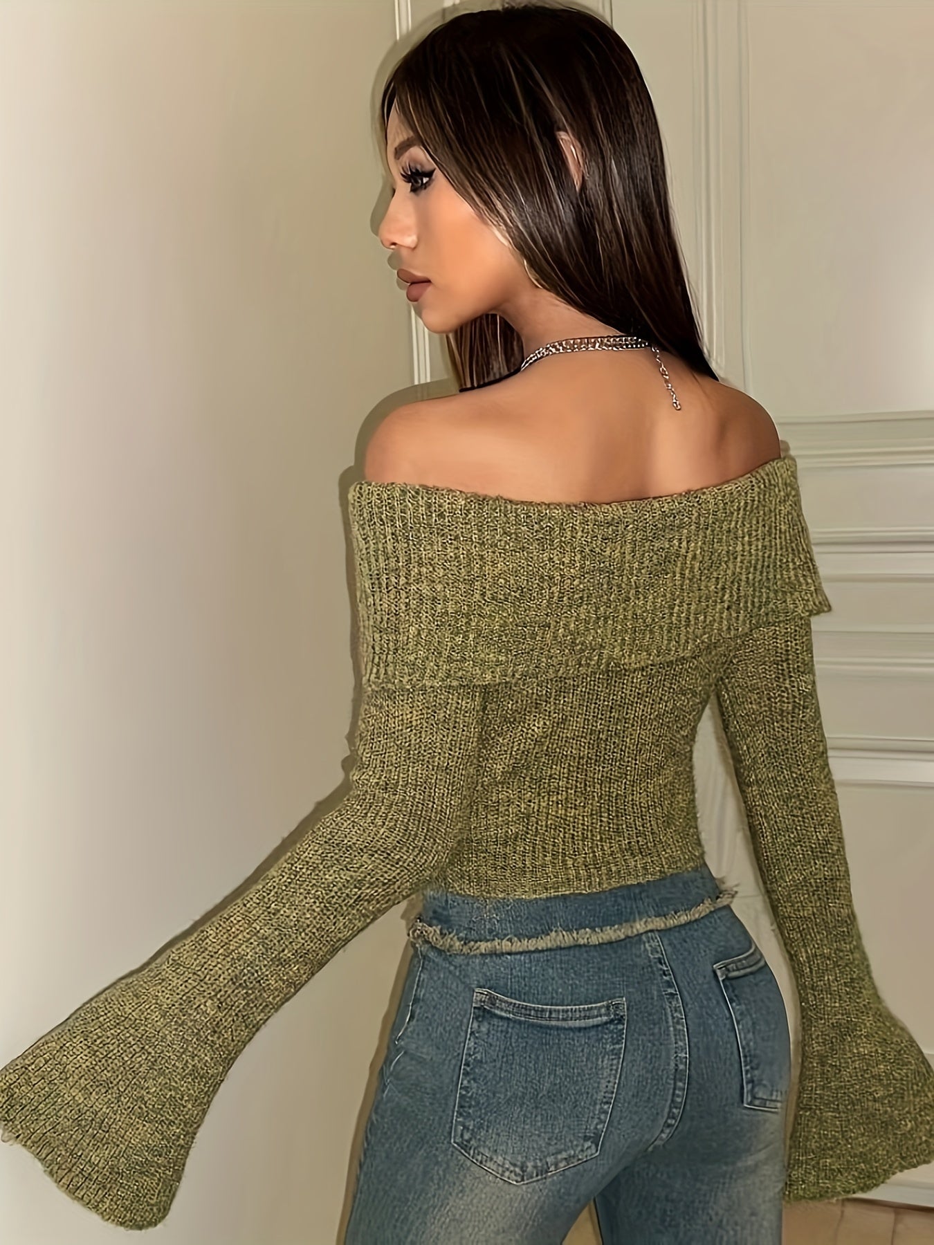 Antmvs Y2K Solid Off Shoulder Knitted Top, Bell Sleeve Crop Sweater For Spring & Fall, Women's Clothing