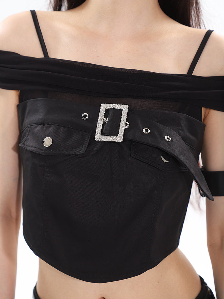 Antmvs Tanya Solid Color Black Off-the Shoulder Spaghetti Strap Front Chest Strap Cropped Top