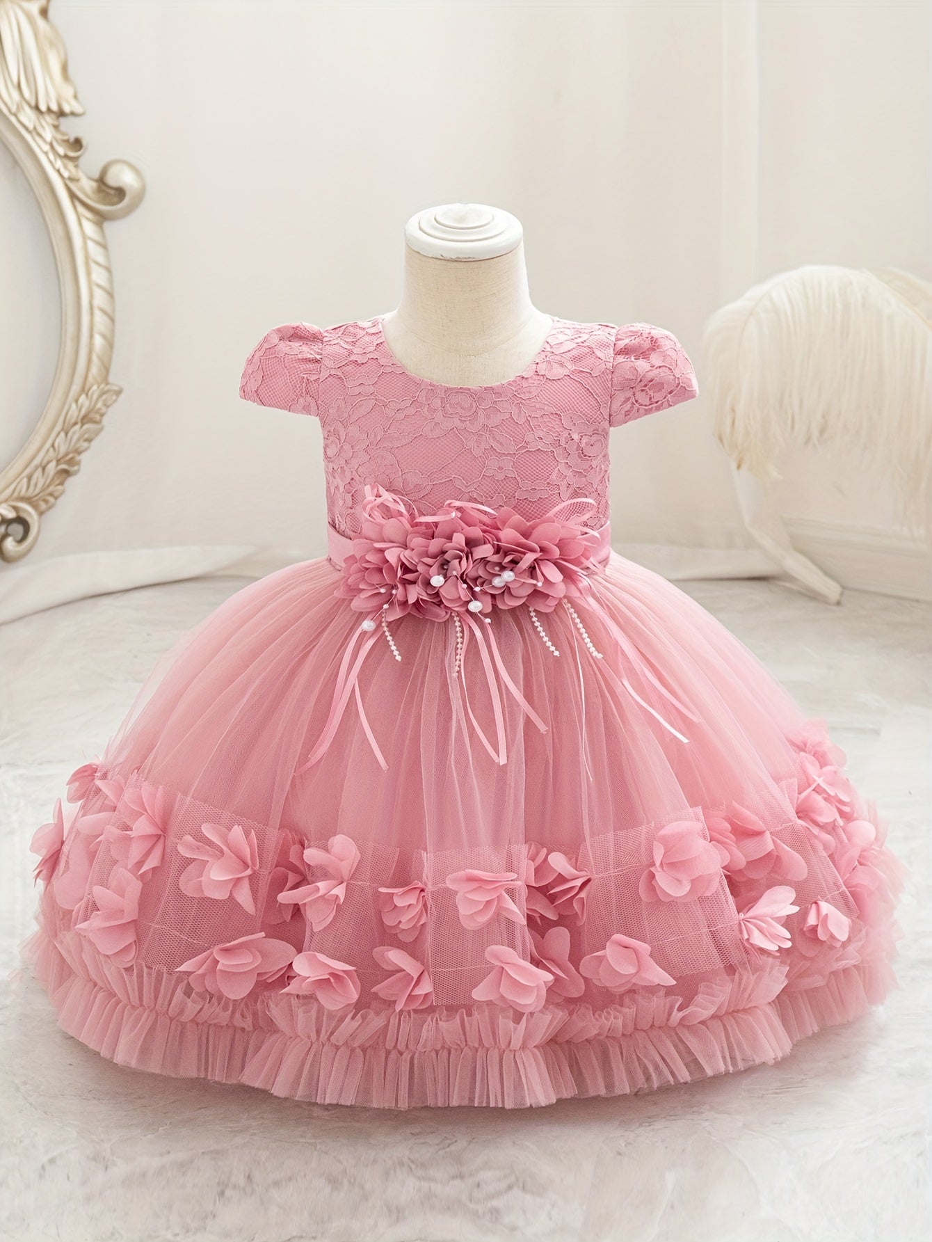 Toddlers Exquisite 3D Flower Applique Mesh Princess Dress - Crew Neck, Knee High, Half Sleeve, Ruffle Sleeve, Flared Hem, Polyester and Viscose Blend, Cotton Lined, Perfect for Formal Occasions, Birthday Parties, and Photography