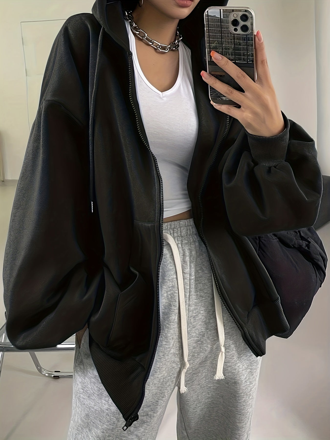 Antmvs Solid Zip Up Oversized Drawstring Hoodie, Casual Long Sleeve Pocket Hoodies Sweatshirt, Women's Clothing