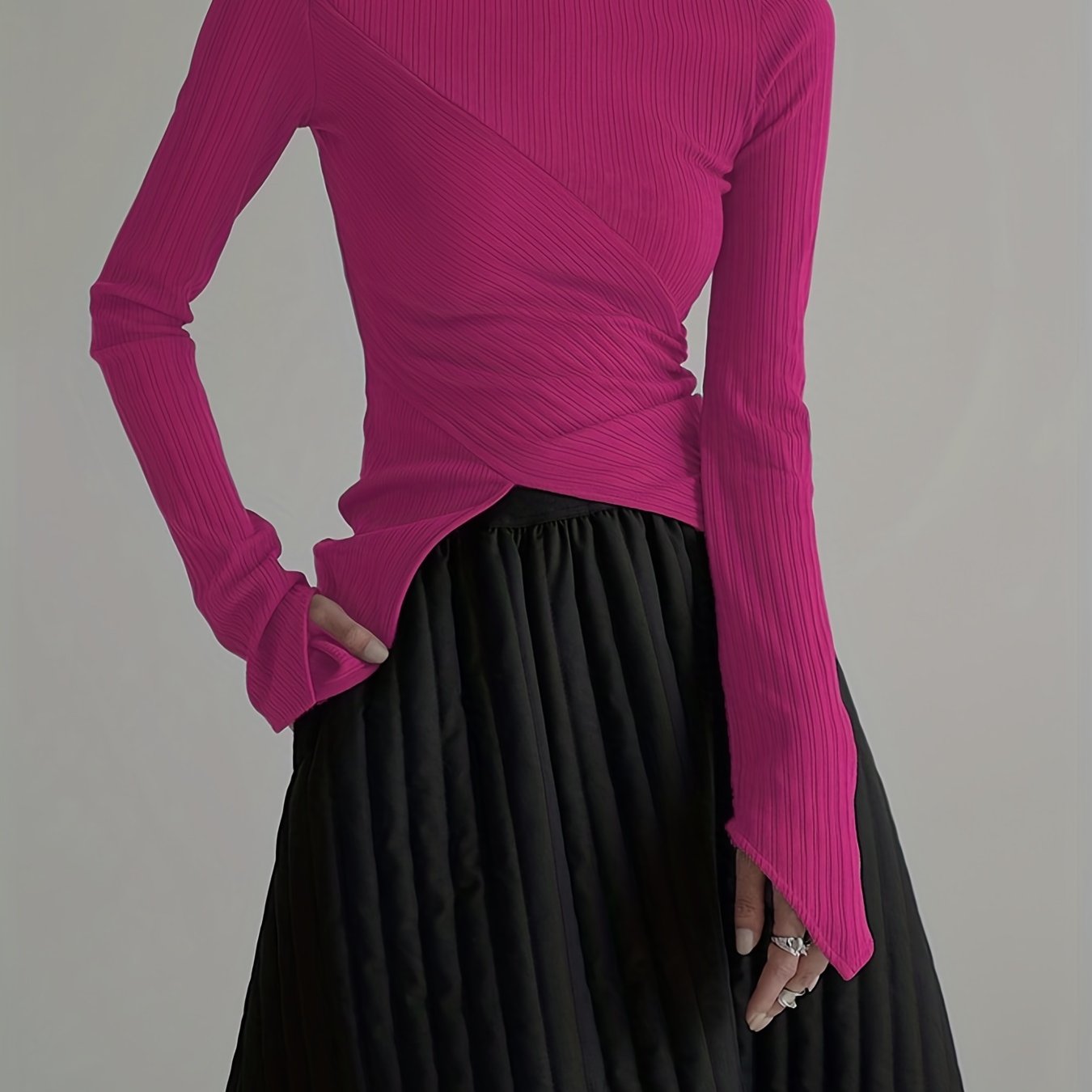 Antmvs Elegant Long Sleeve Basic T-Shirts, Solid Casual T-Shirts For Spring & Fall, Women's Clothing