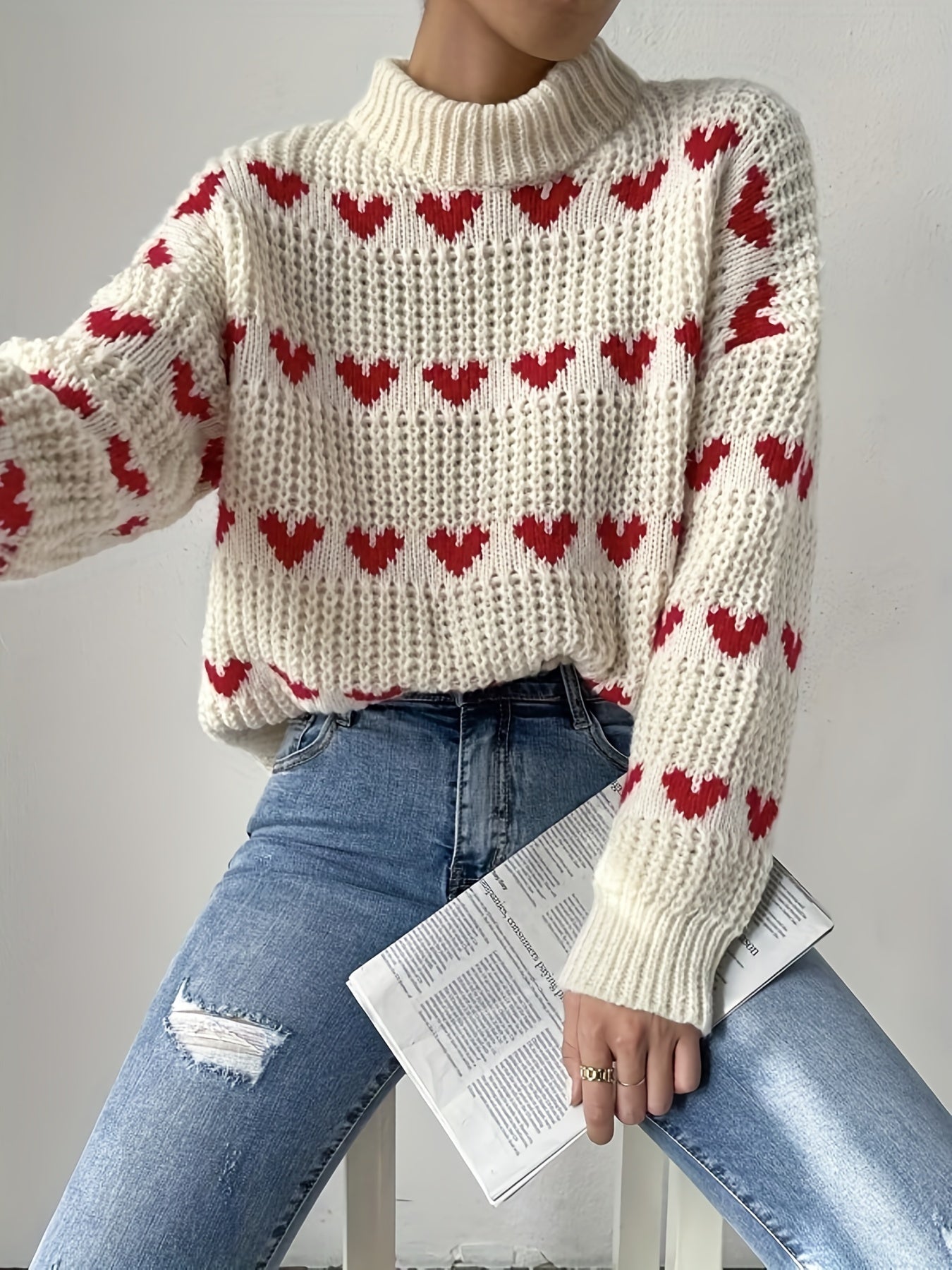 Antmvs Heart Pattern Turtle Neck Pullover Sweater, Casual Long Sleeve Sweater For Fall & Winter, Women's Clothing