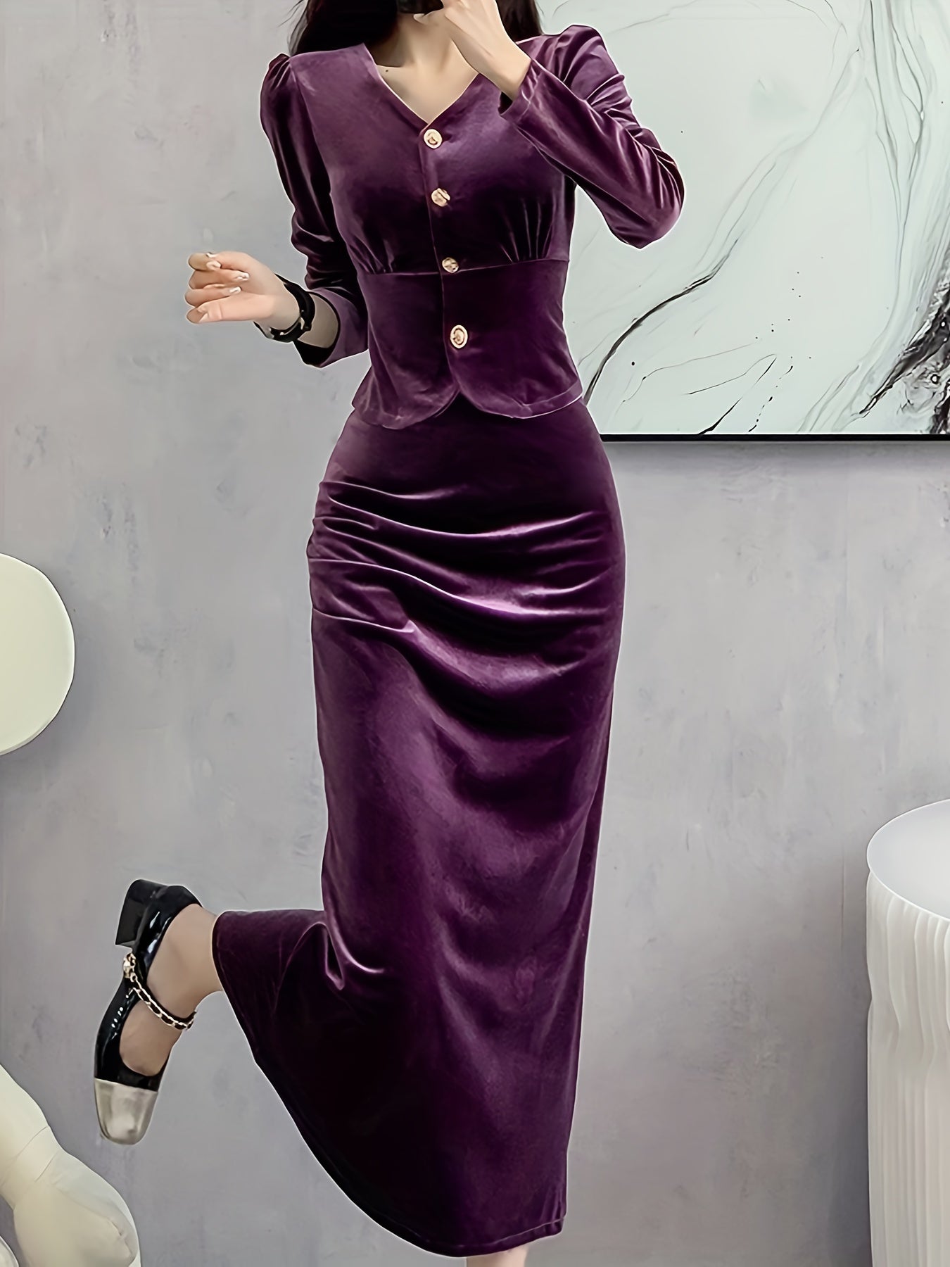 Antmvs Solid Bodycon Two-piece Set, Button Front Long Sleeve Tops & High Waist Midi Skirts Outfits, Women's Clothing