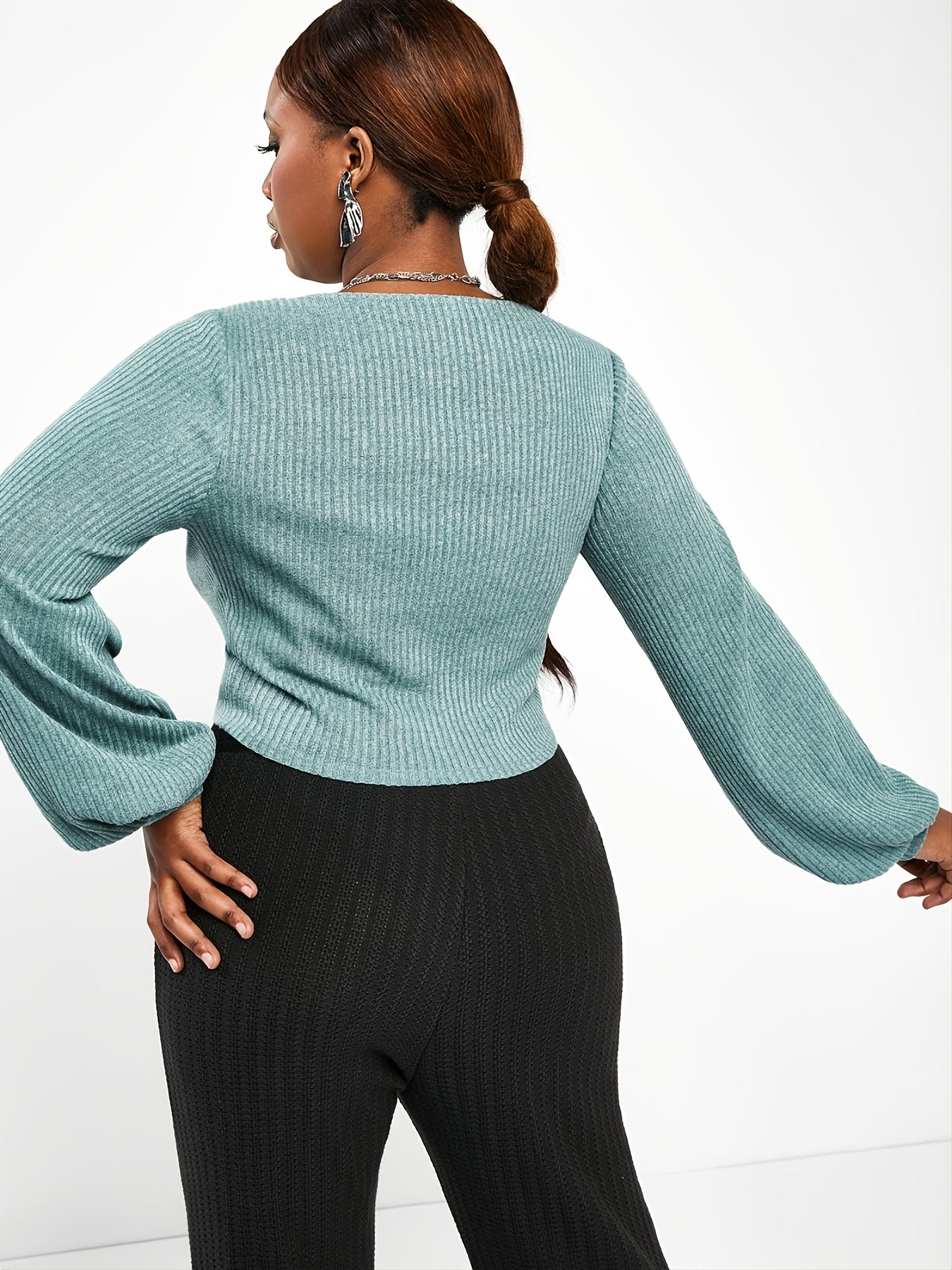 Antmvs Plus Size Y2K Solid Rib Knit Drawstring Front Ruched Crop Top, Women's Plus Sexy Slight Stretch Knit Top