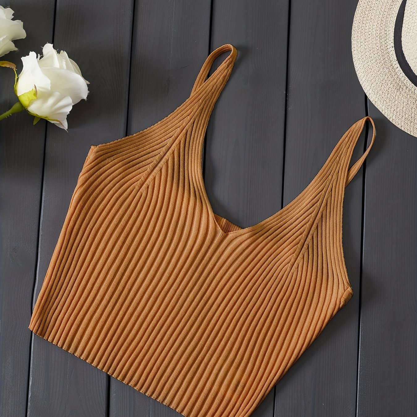 Antmvs Ribbed Knit Crop Cami Top, Y2K Sleeveless Top For Spring & Summer, Women's Clothing