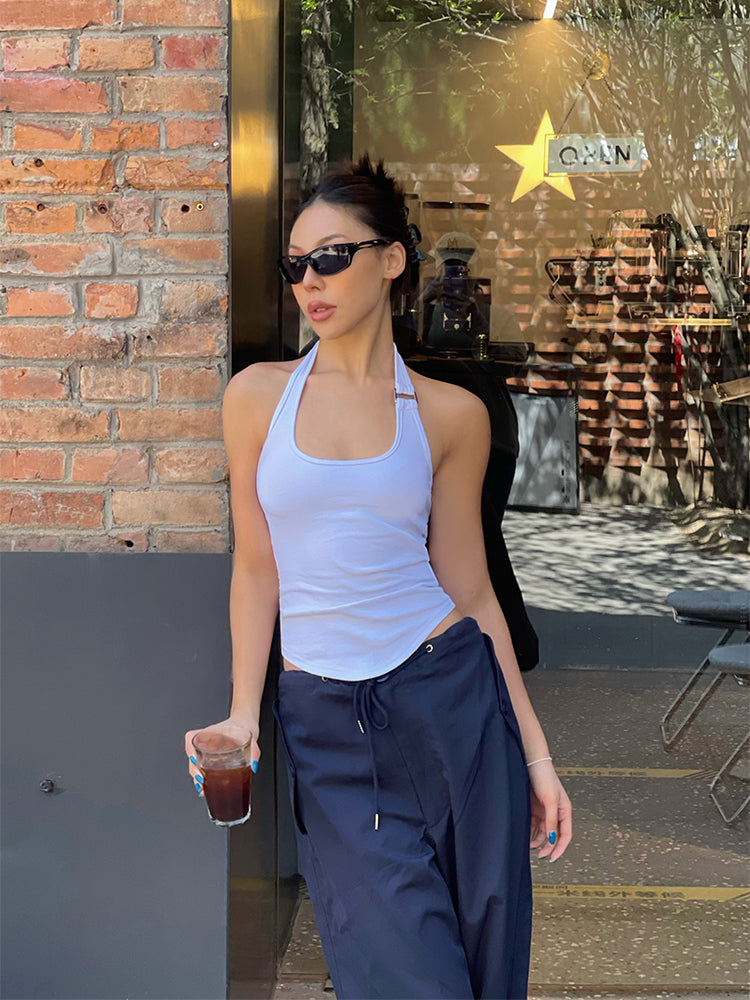 Antmvs Chelsea Solid Color White Sleeveless Halter Slim Top