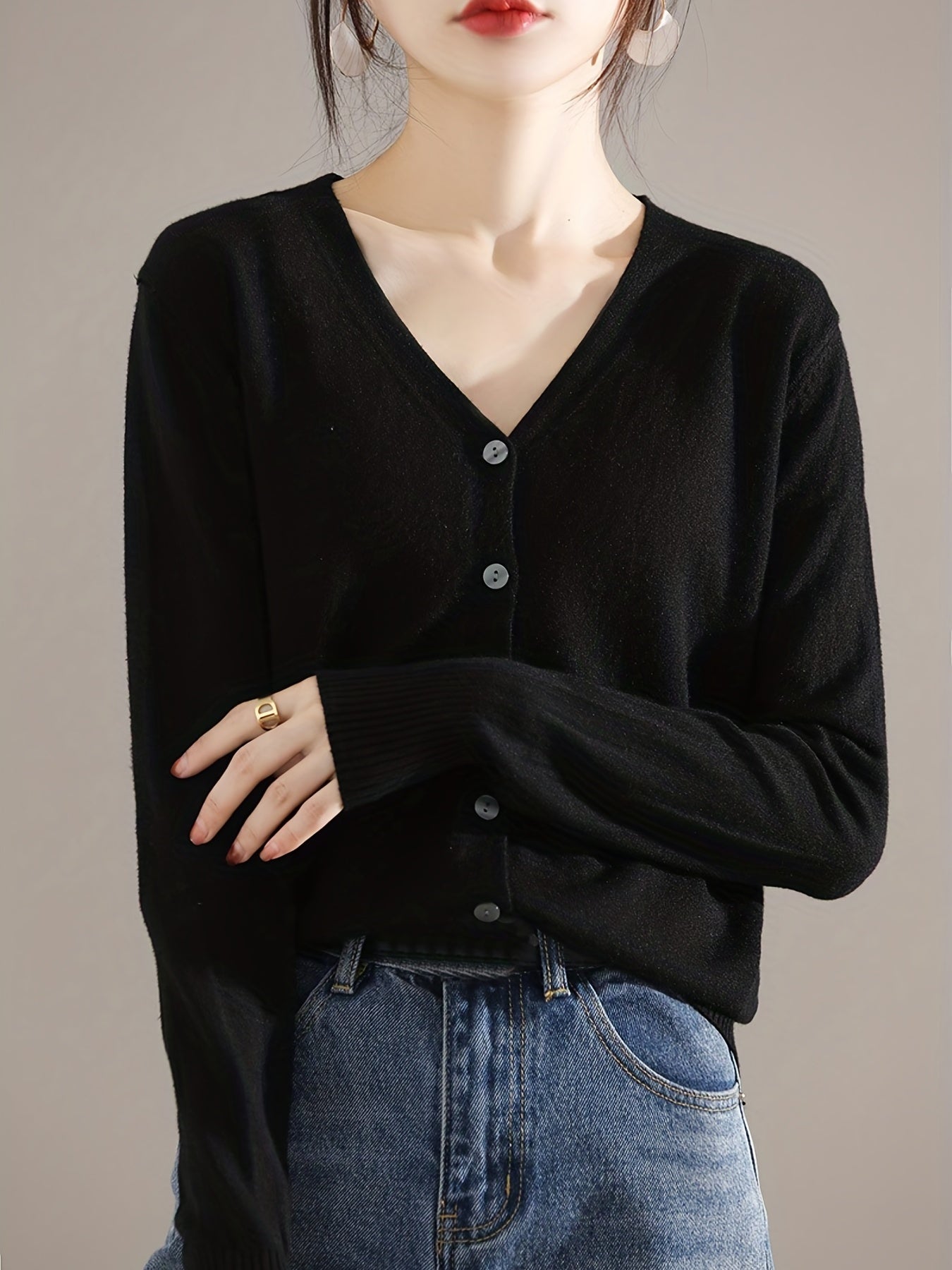Antmvs Elegant V-neck Solid Cardigan, Long Sleeve Cardigan For Spring & Fall, Women's Clothing