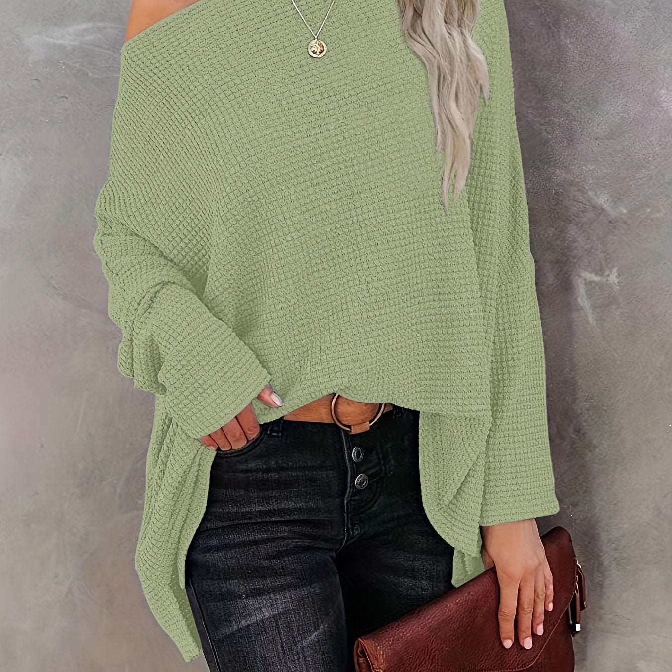 Antmvs Women's Casual Off Shoulder Bat Long Sleeve Waffle Knitted Oversized Pullover Sweater, Casual Tops For Fall & Winter, Women's Clothing