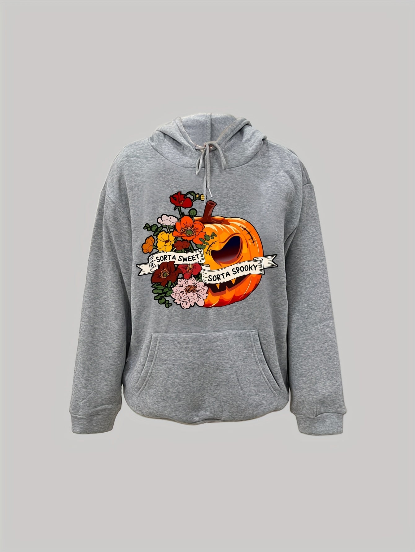 Antmvs Plus Size Halloween Casual Sweatshirt, Women's Plus Floral & Letter & Pumpkin Print Long Sleeve Drawstring Hooded Sweatshirt With Pockets