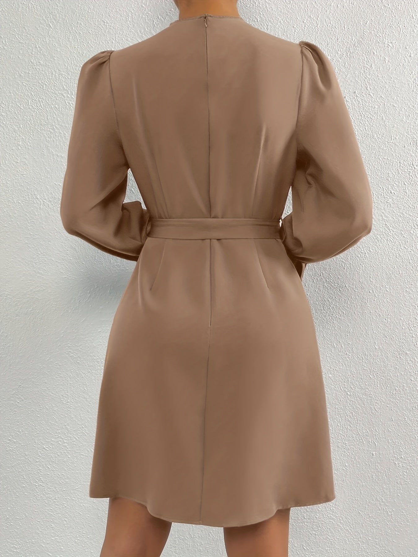 Antmvs Tucked Solid Dress, Elegant Mock Neck Lantern Sleeve Dress, Women's Clothing