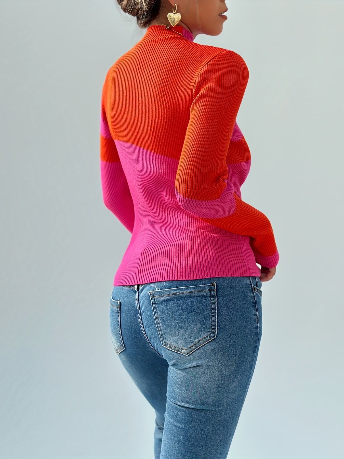 Antmvs Color Block Turtle Neck Sweater, Casual Long Sleeve Slim Sweater For Fall & Winter, Women's Clothing