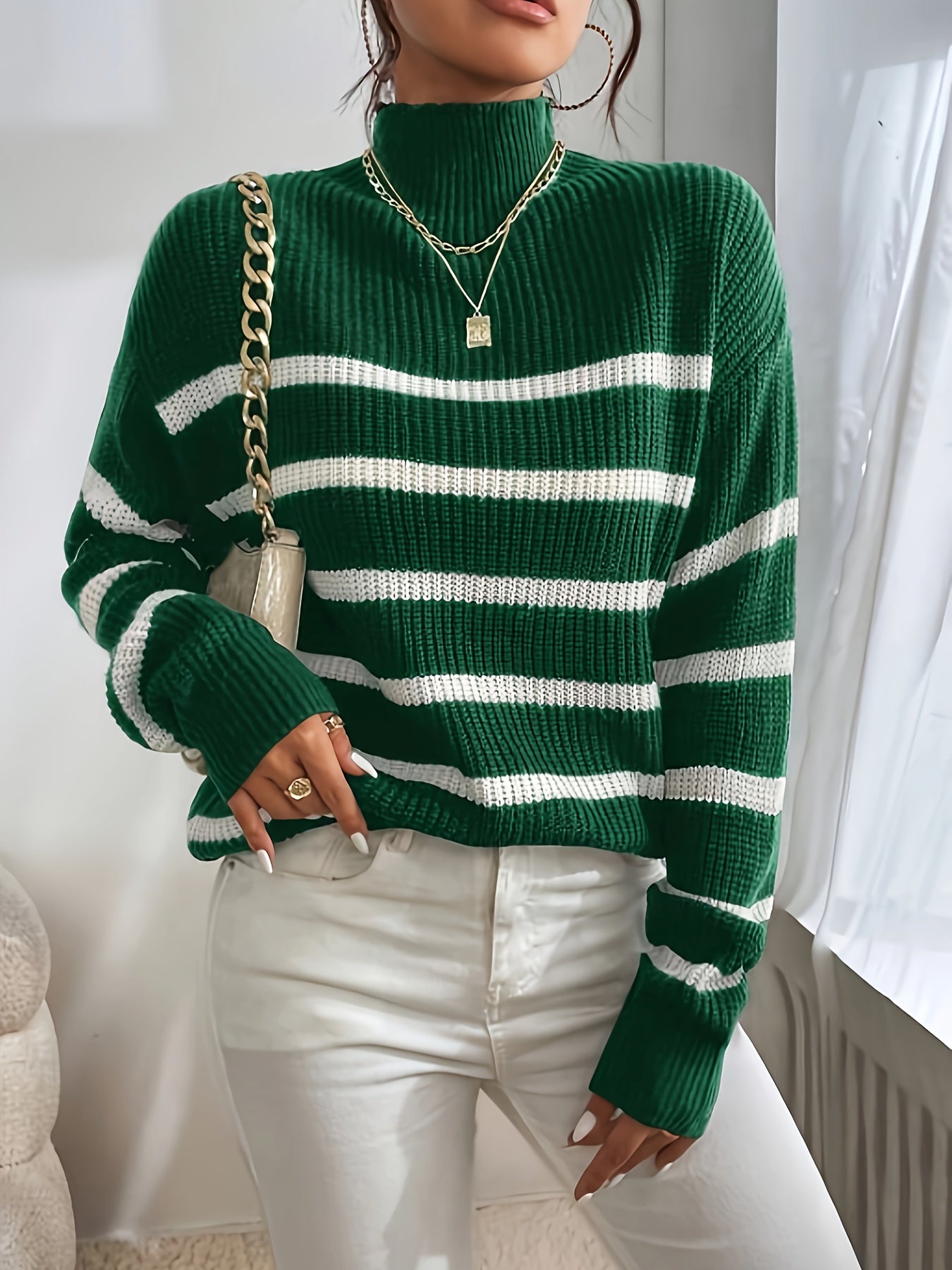 Antmvs Striped Turtle Neck Pullover Sweater, Casual Long Sleeve Sweater, Women's Clothing