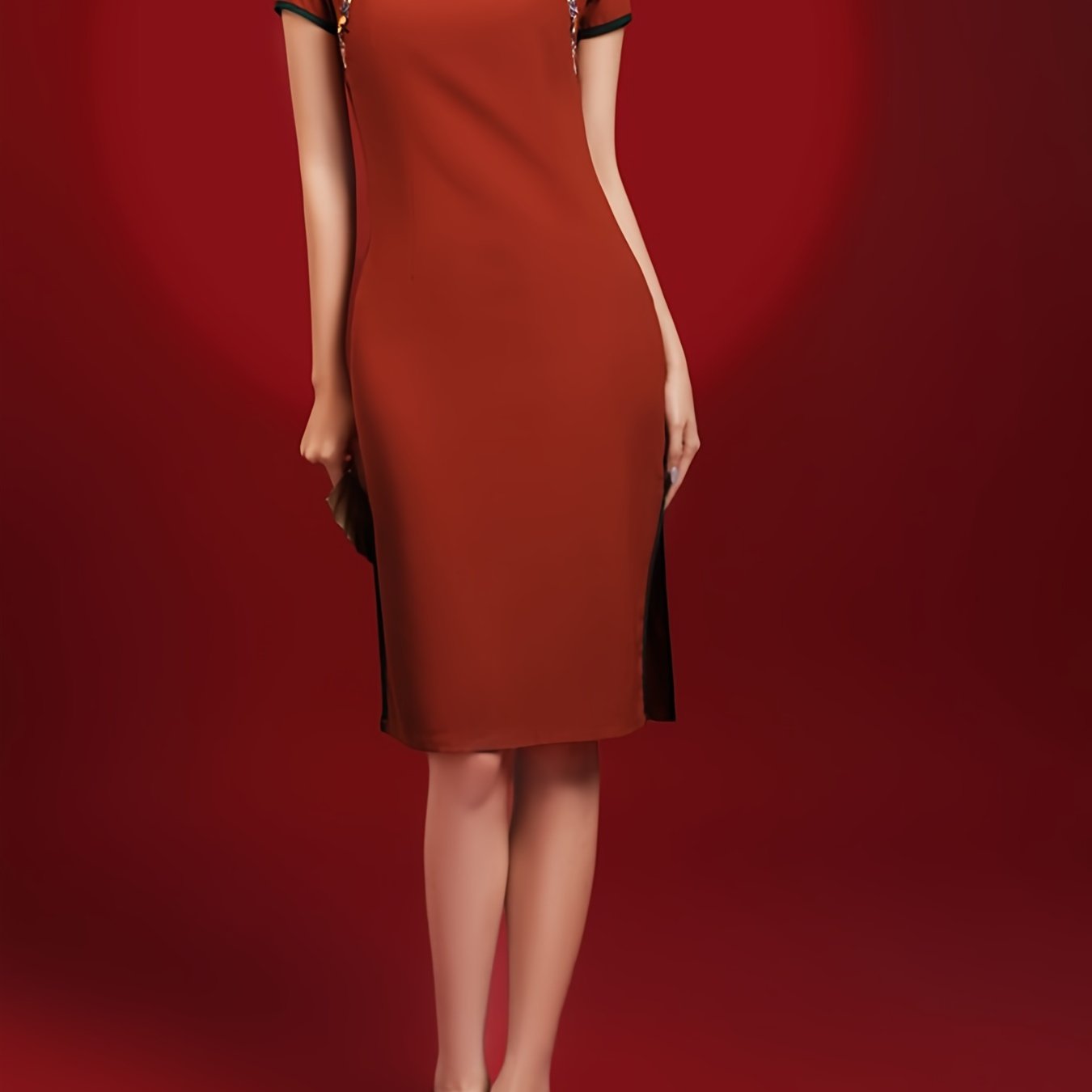 Antmvs Chinese Vintage Solid Cheongsam, Flower Pattern Bodycon Short Sleeve Qipao Dress, Women's Clothing