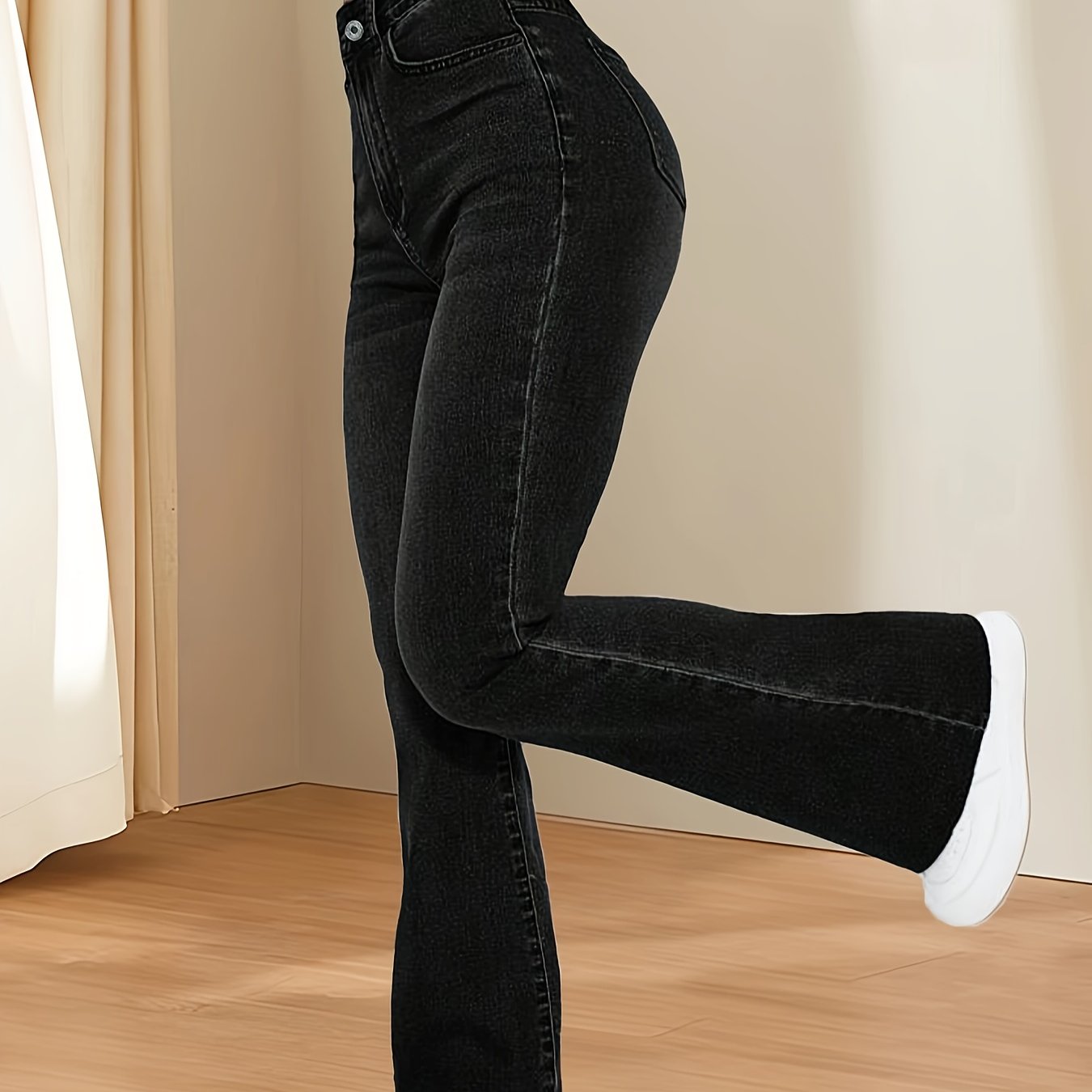 Antmvs Black Slant Pockets Flare Jeans, High Stretch Washed Bell Bottom Jeans, Women's Denim Jeans & Clothing