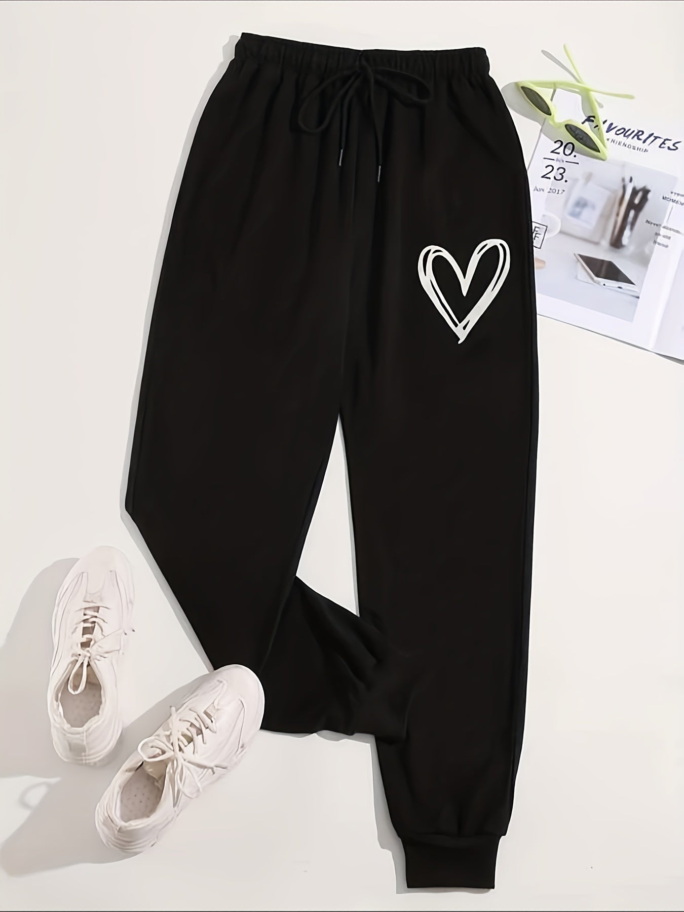 Antmvs Hearts Print Jogger Pants, Drawstring Waist Casual Sports Sweatpants, Women's Clothing