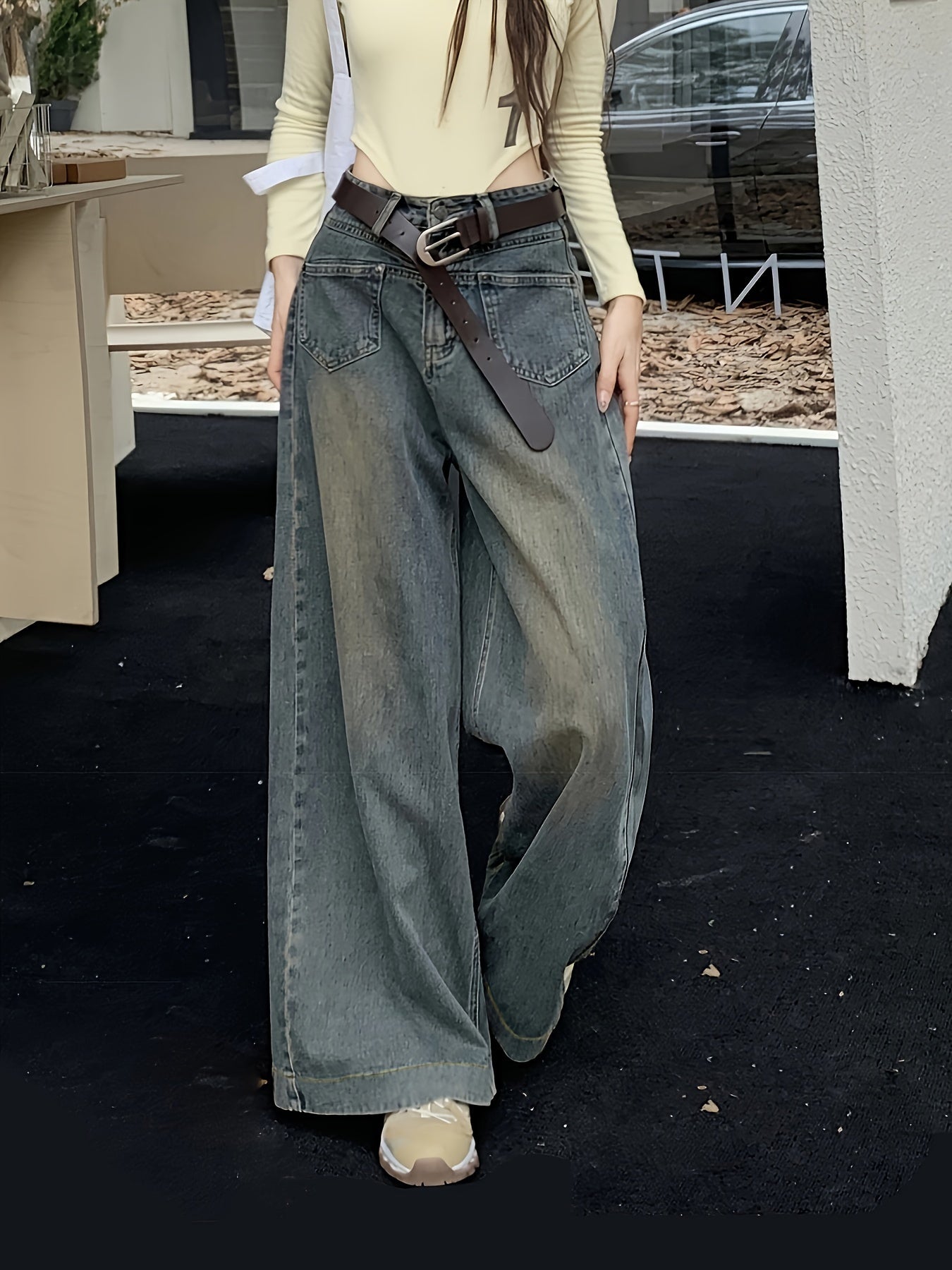 Antmvs High Waist Washed Baggy Jeans, Fleece Liner Loose Fit Without Waistband Wide Legs Jeans, Women's Denim Jeans & Clothing