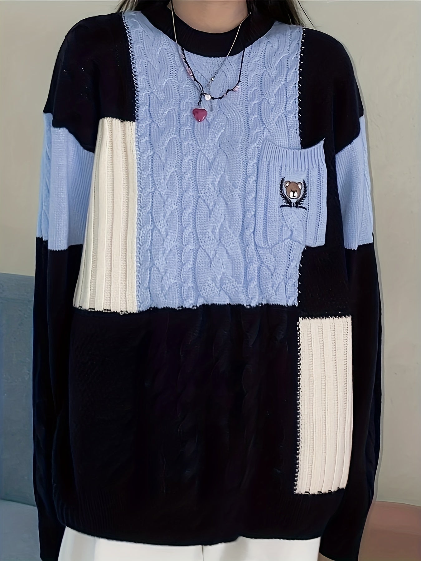 Antmvs Bear Embroidered Color Block Sweater, Preppy Long Sleeve Sweater For Fall & Winter, Women's Clothing