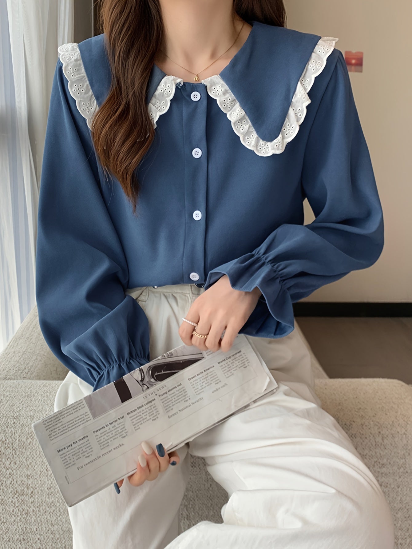 Antmvs Eyelet Lace Stitching Peter Pan Collar Shirt, Sweet Long Sleeve Button Front Shirt For Spring & Fall, Women's Clothing
