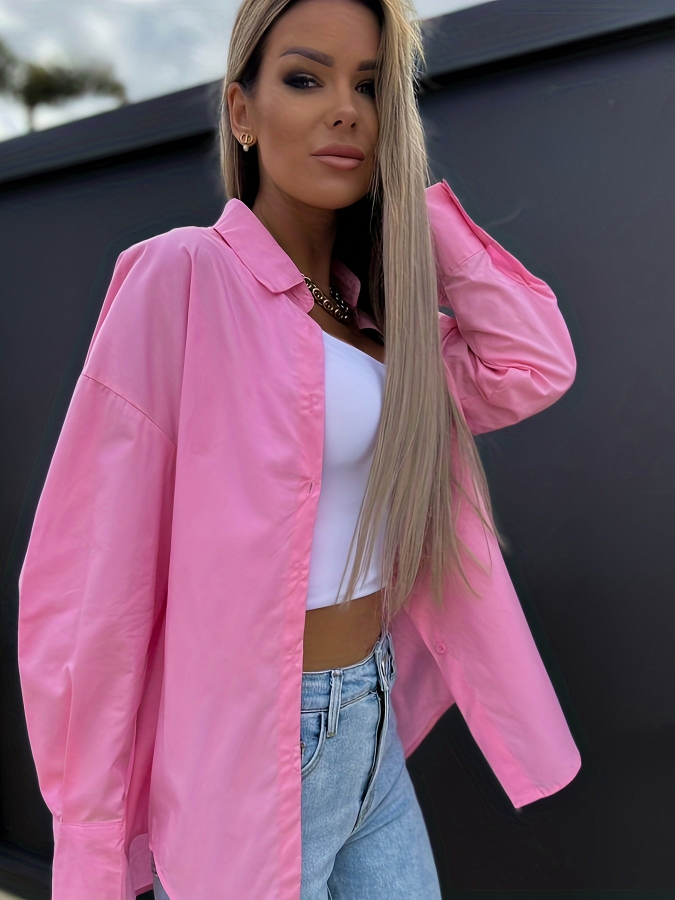 Antmvs V-neck Loose Lapel Blouses, Casual Button Down Long Sleeve Fashion Spring Summer Shirts Tops, Women's Clothing