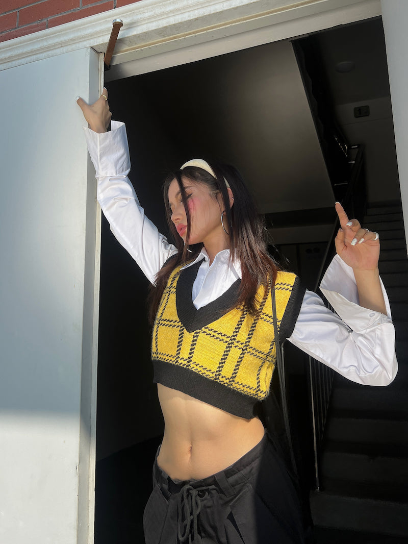 Antmvs Tory Yellow Vintage Knitted Plaid Sleeveless Cropped Sweater Top