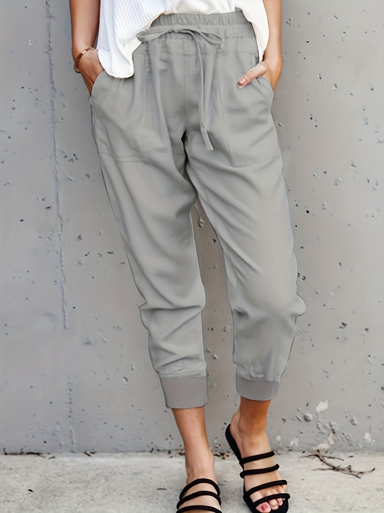 Antmvs Minimalist Drawstring Waist Pants, Solid Casual Pants For Spring & Summer, Women's Clothing
