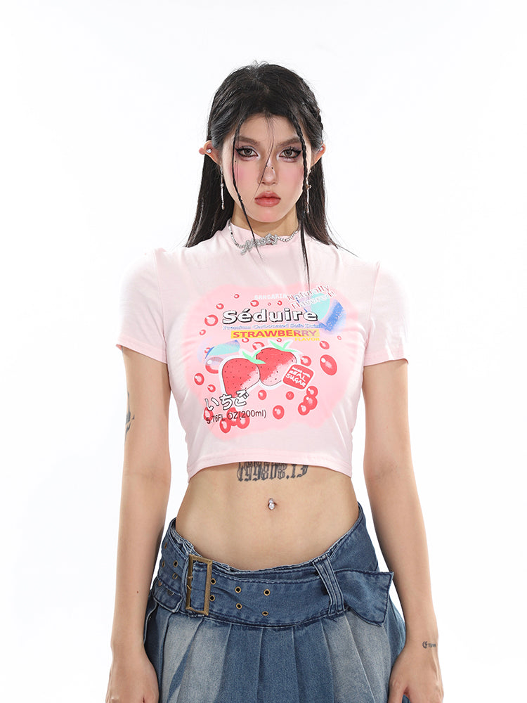 Antmvs Lilia Sweet Strawberry Cartoon Image Print Short Sleeve Slim Cropped Top