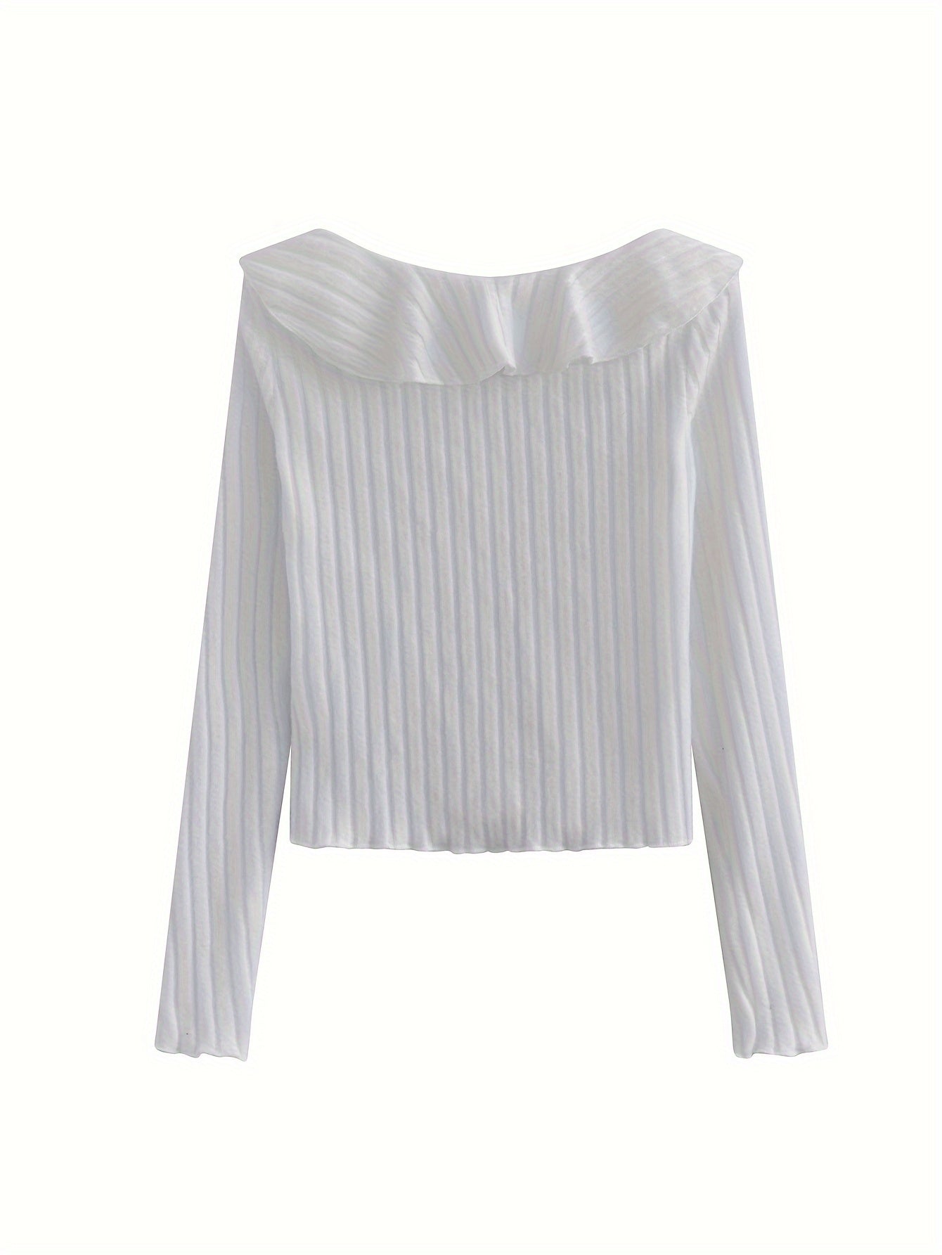 Antmvs Solid Button Down Slim Knit Cardigan, Casual Collared Lettuce Trim Long Sleeve Thin Top, Women's Clothing