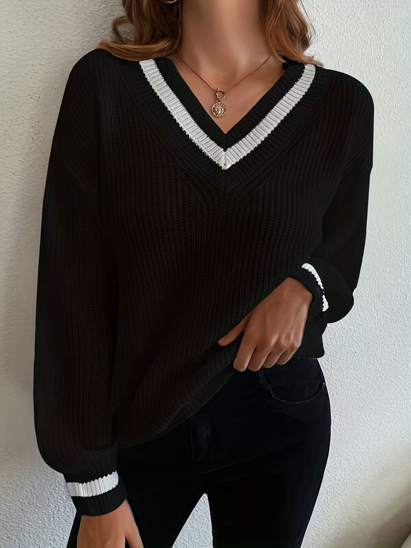 Antmvs Preppy Color Block Pullover Sweater, Casual Long Sleeve V Neck Sweater For Spring & Fall, Women's Clothing