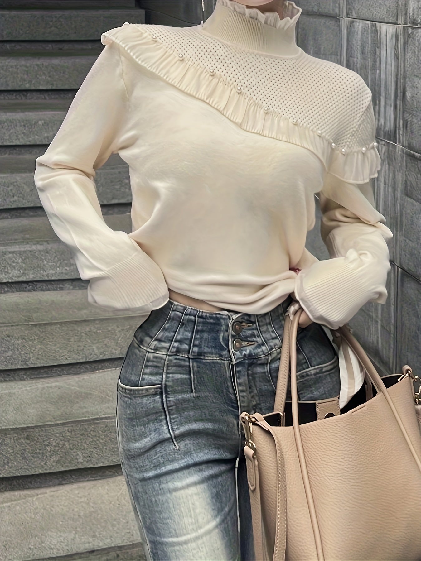 Antmvs Beaded Lace Trim Turtle Neck Knitted Top, Elegant Long Sleeve Slim Sweater For Spring & Fall, Women's Clothing