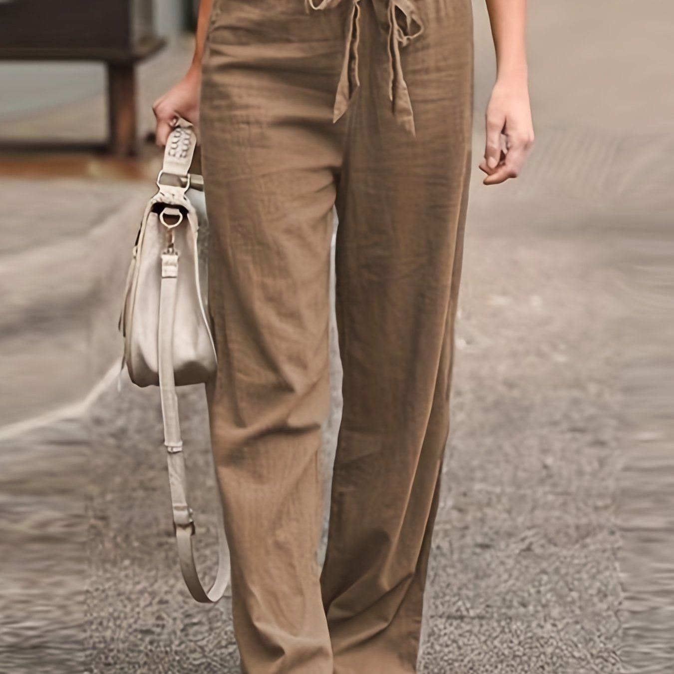Antmvs Solid Tie Waist Pants, Casual High Waist Wide Leg Long Length Pants, Women's Clothing