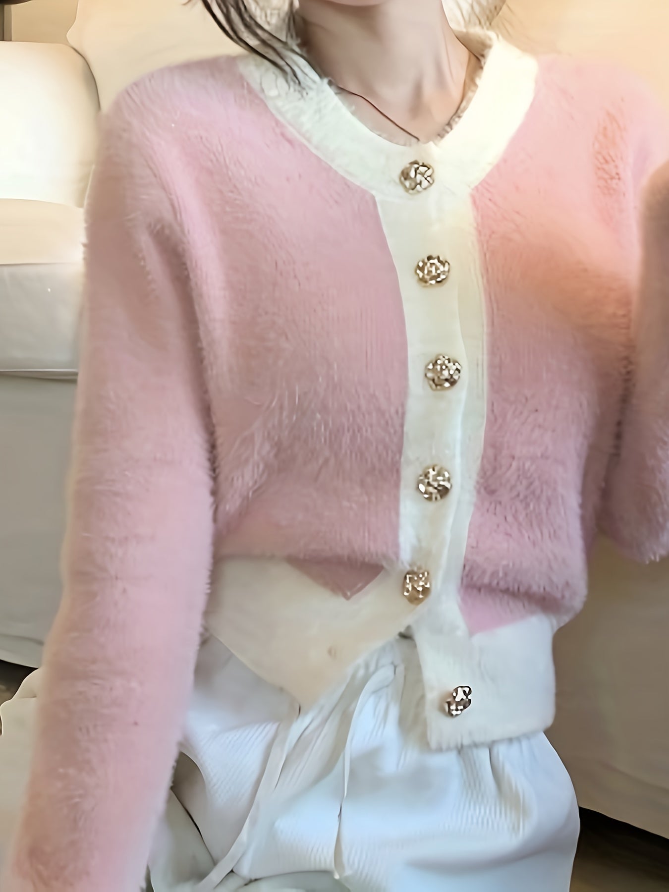 Antmvs Color Block Button Up Knit Cardigan, Casual Long Sleeve Cozy Crop Sweater, Women's Clothing