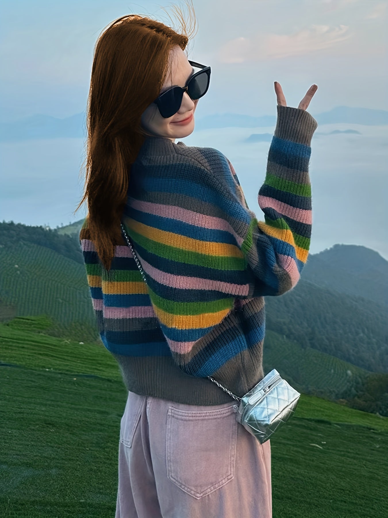 Antmvs Striped Button Down Knit Cardigan, Vintage V Neck Long Sleeve Sweater, Women's Clothing