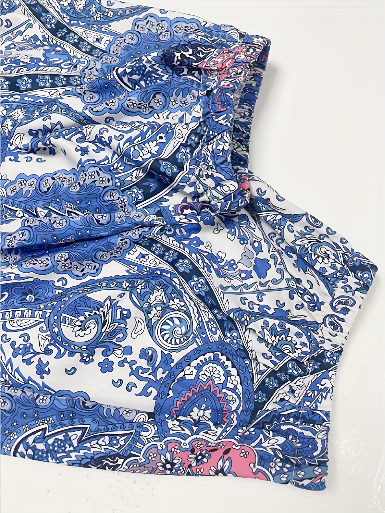 Antmvs Paisley Print Shirred Pants, Boho Long Length High Waist Pants For All Season, Women's Clothing