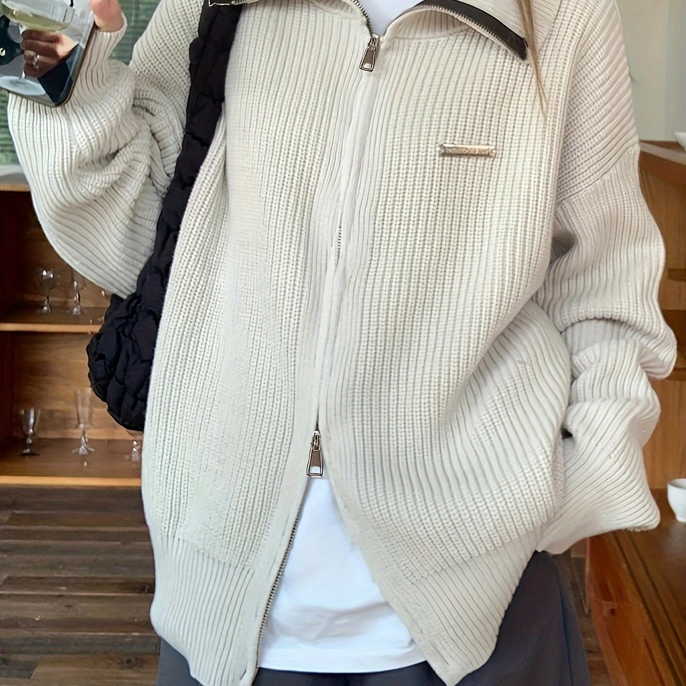 Antmvs Solid Zip Up Knit Cardigan, Casual Turndown Collar Long Sleeve Loose Sweater For Fall & Winter, Women's Clothing