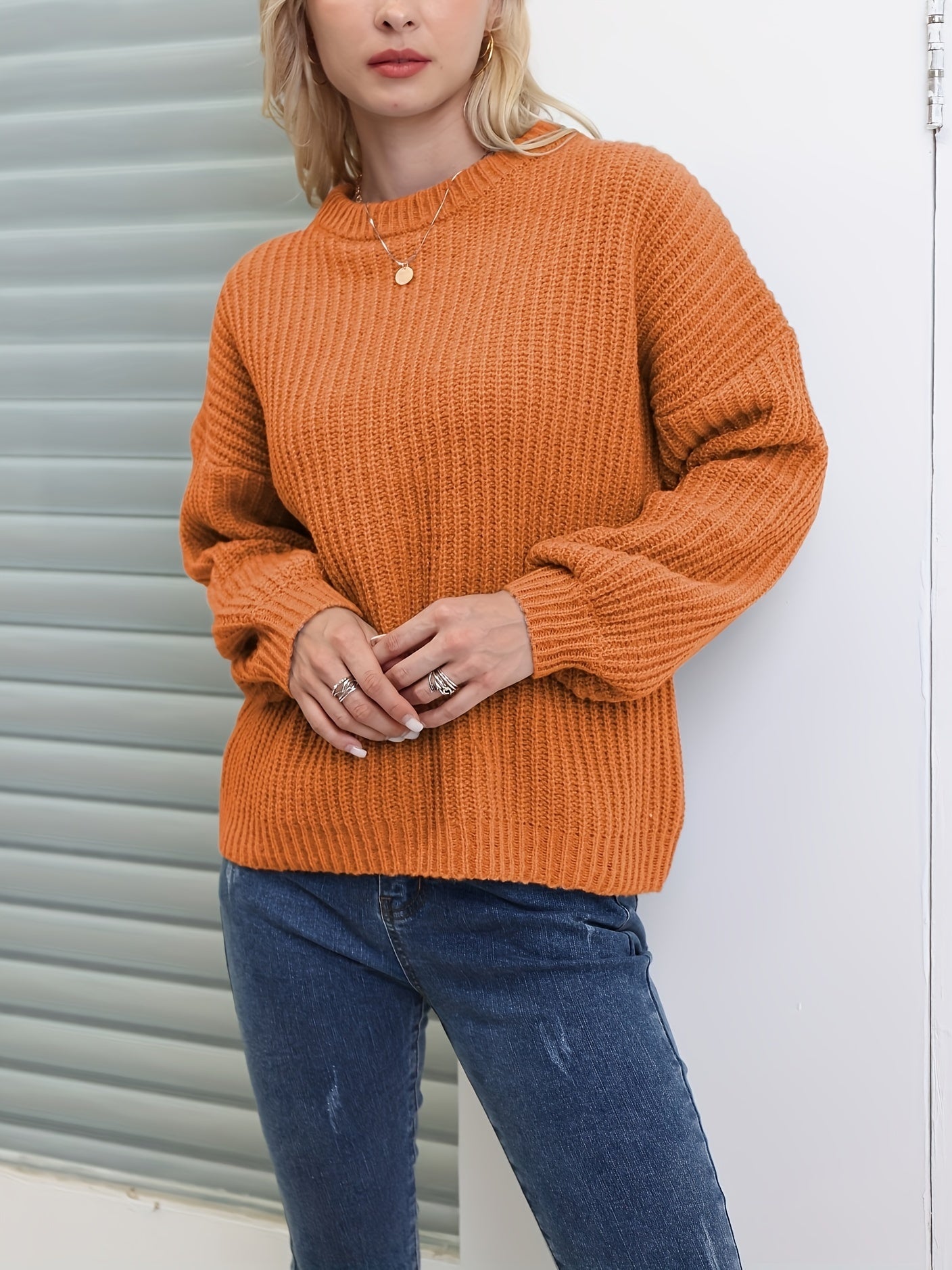 Antmvs Solid Versatile Knit Pullover Sweater, Casual Crew Neck Drop Shoulder Long Sleeve Sweater, Women's Clothing