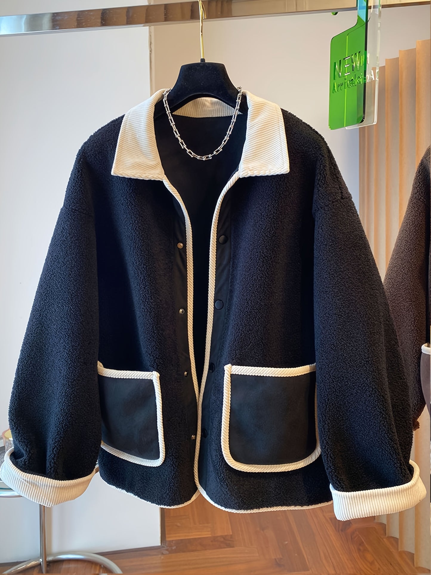Antmvs Contrast Trim Patched Pockets Outwear, Versatile Long Sleeve Button Front Coat For Fall & Winter, Women's Clothing