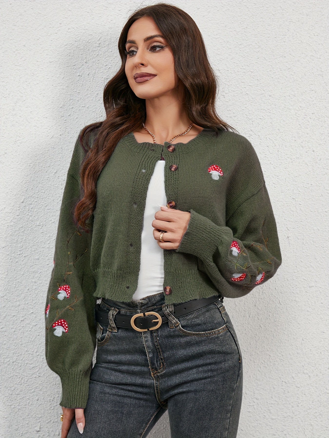 Antmvs Mushroom Embroidered Print Knit Cardigan, Casual Button Front Long Sleeve Sweater, Women's Clothing