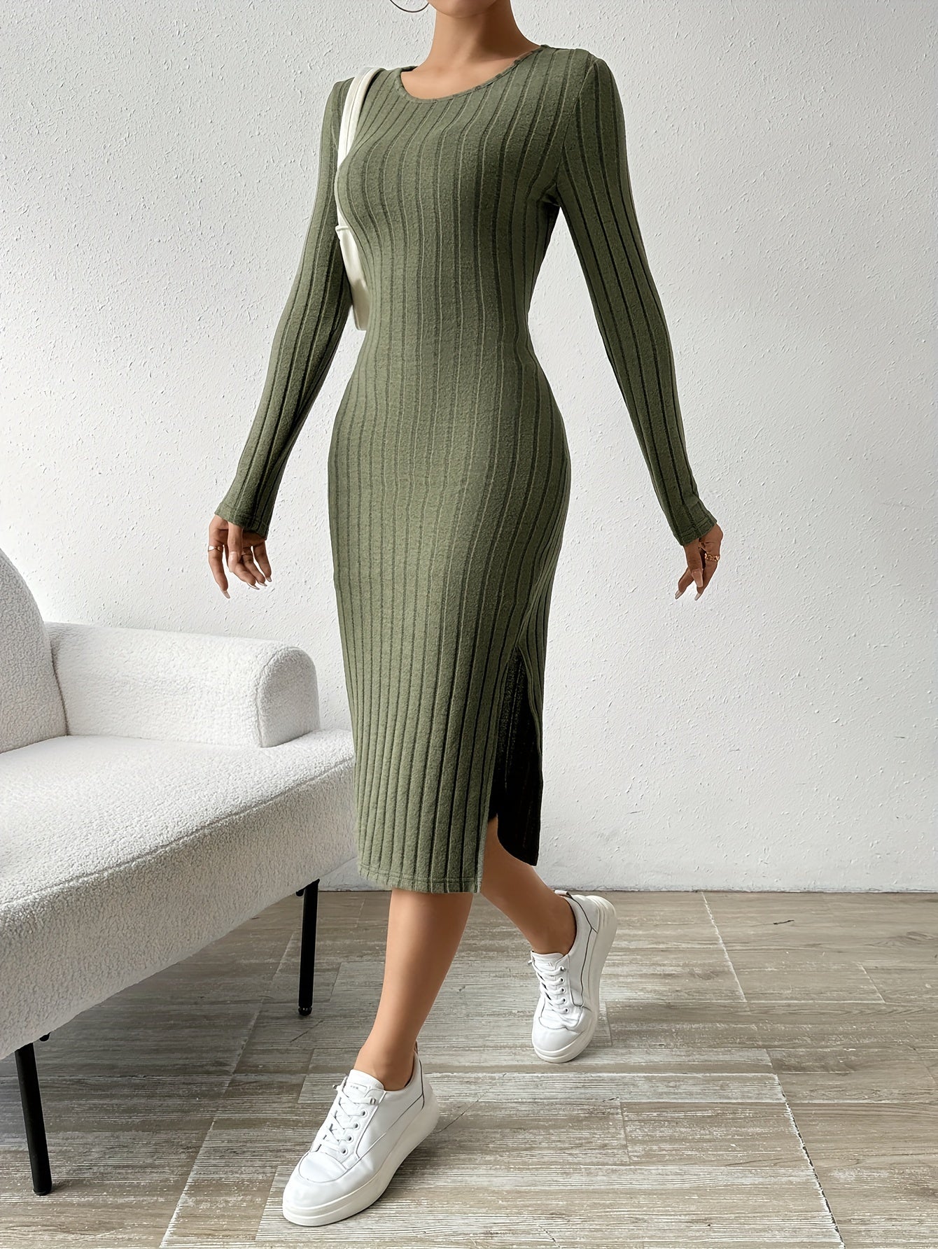 Antmvs Ribbed Solid Split Dress, Casual Crew Neck Long Sleeve Dress, Women's Clothing
