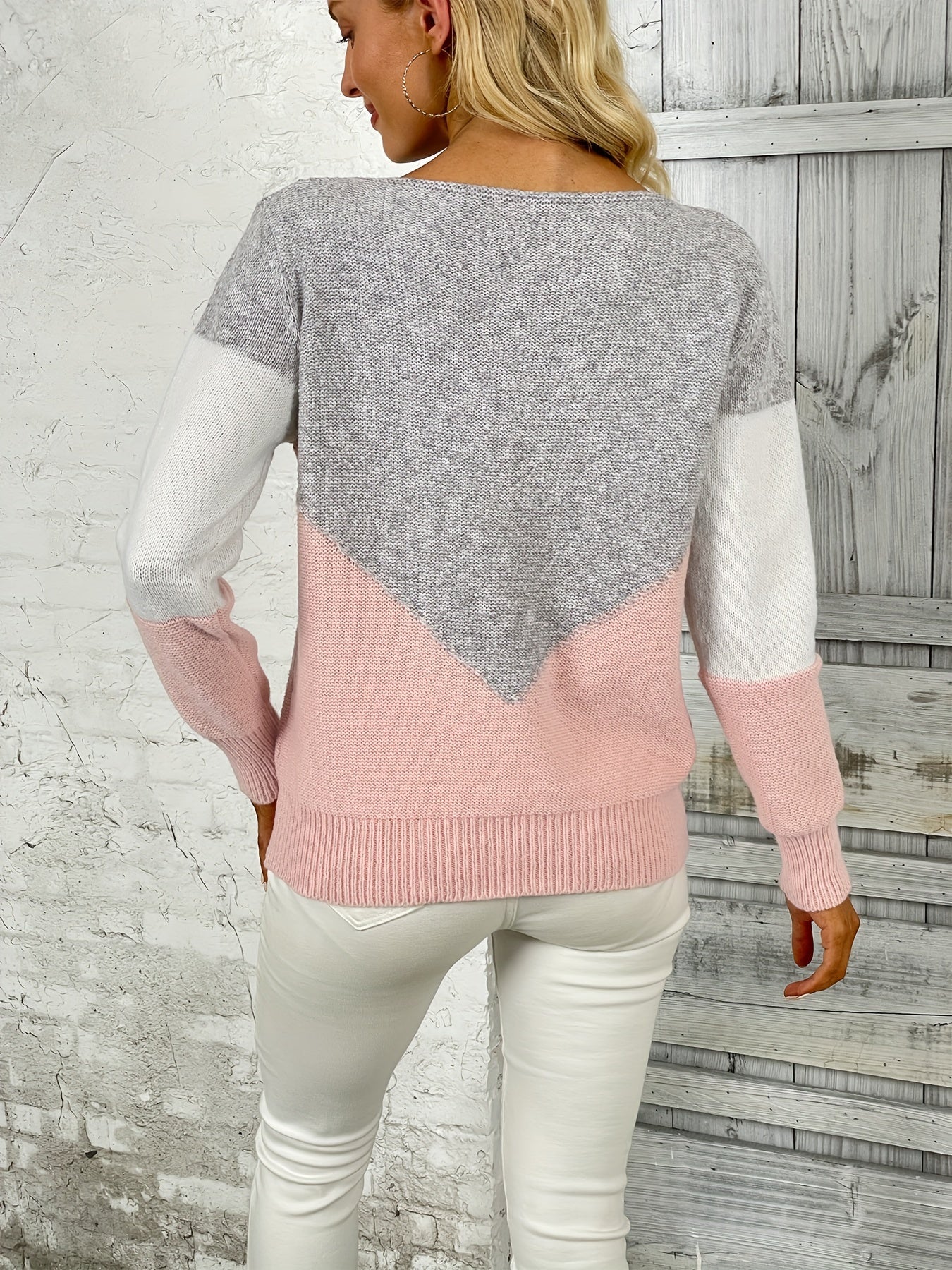 Antmvs Color Block Hollow Knit Sweater, Casual Boat Neck Long Sleeve Sweater, Women's Clothing