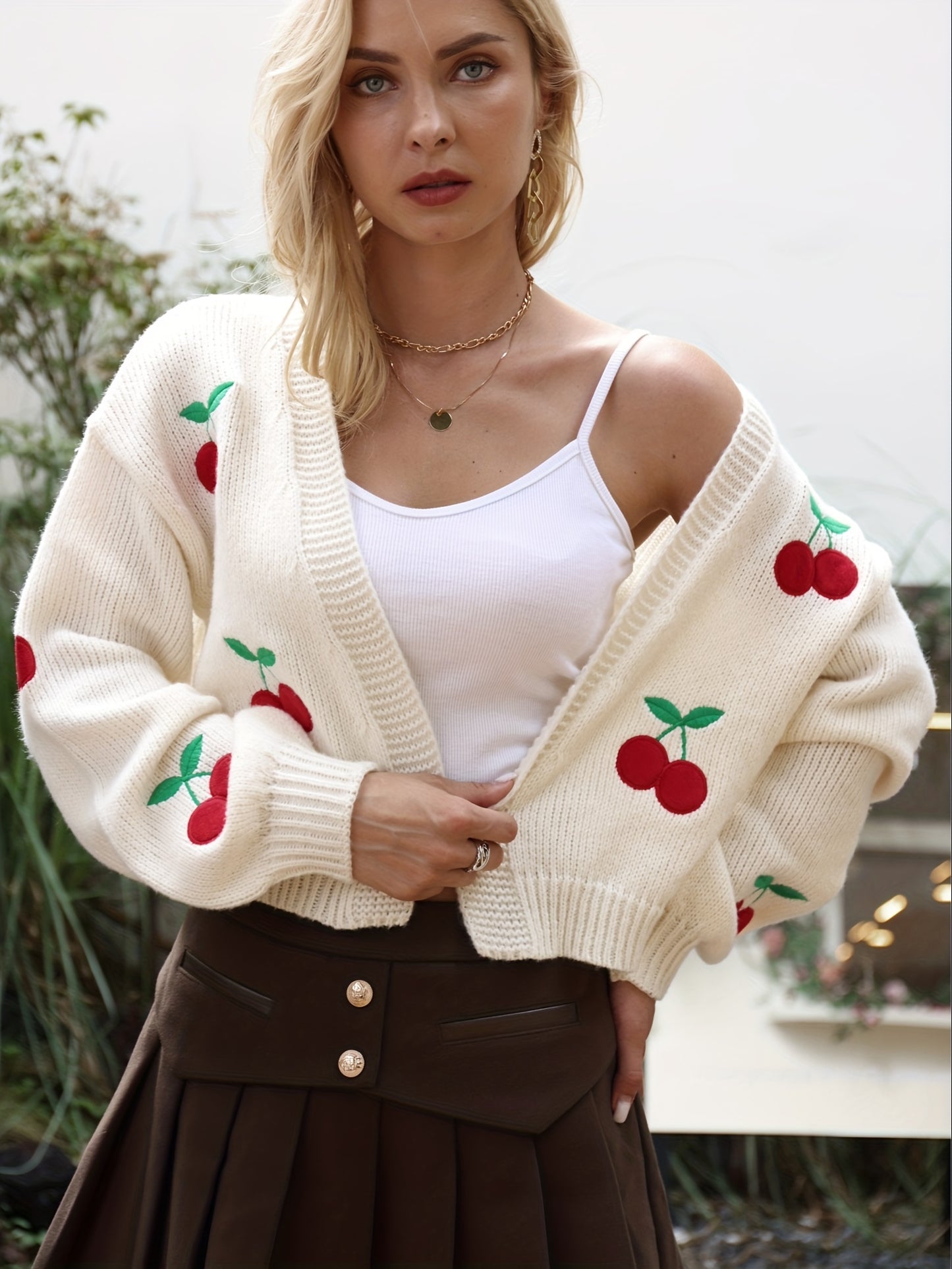 Antmvs Cherry Embroidered Knit Cardigan, Casual Open Front Long Sleeve Sweater, Women's Clothing
