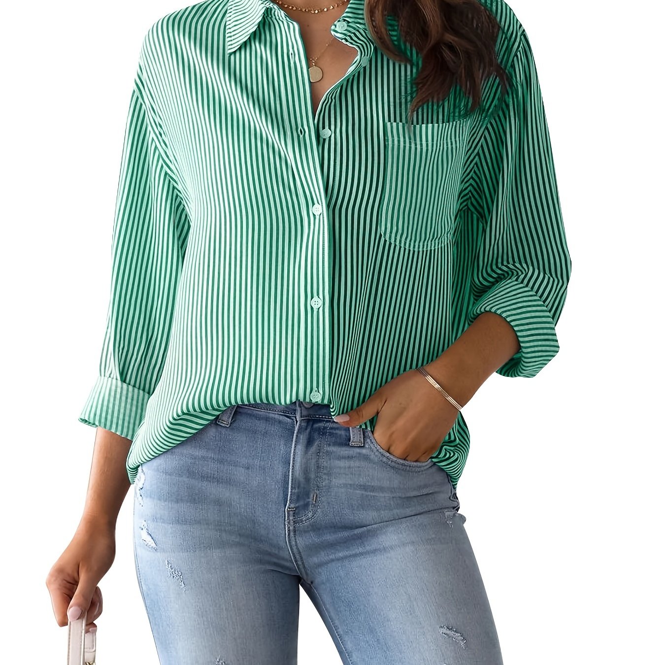 Antmvs Women's Loose Striped Blouse, Crew Neck Long Sleeve Blouse, Casual Every Day Blouse, Women's Clothing